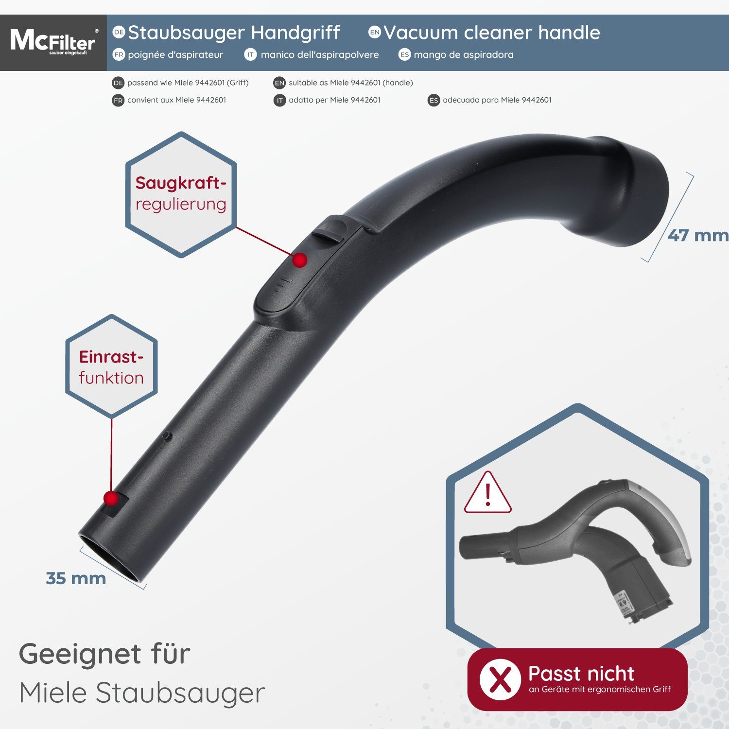 Handgriff, & Saugluftregulierung Tango ergonomisch mit McFilter passend Ø Staubsaugerrohr S771 Plus, Miele für 35mm, Einrast-Funktion geformt,