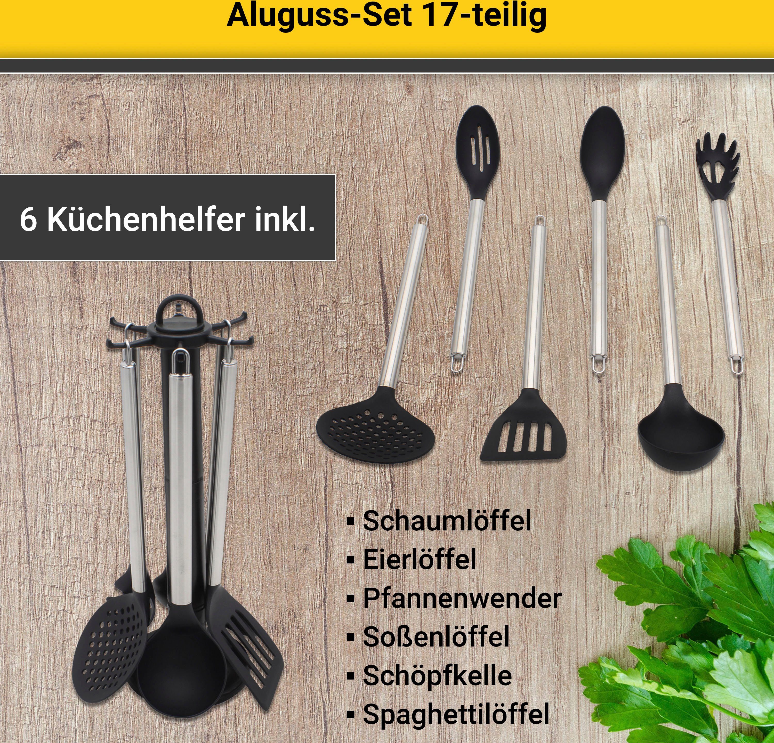 Krüger Topf-Set Aluguss Topf- und Pfannenset inkl. praktischen Küchenhelfern, 17 tlg., Aluminiumguss (Set, 17-tlg., Fleischtopf 16/18/20/24cm, Stieltopf 16cm St – Bild 4 von 5