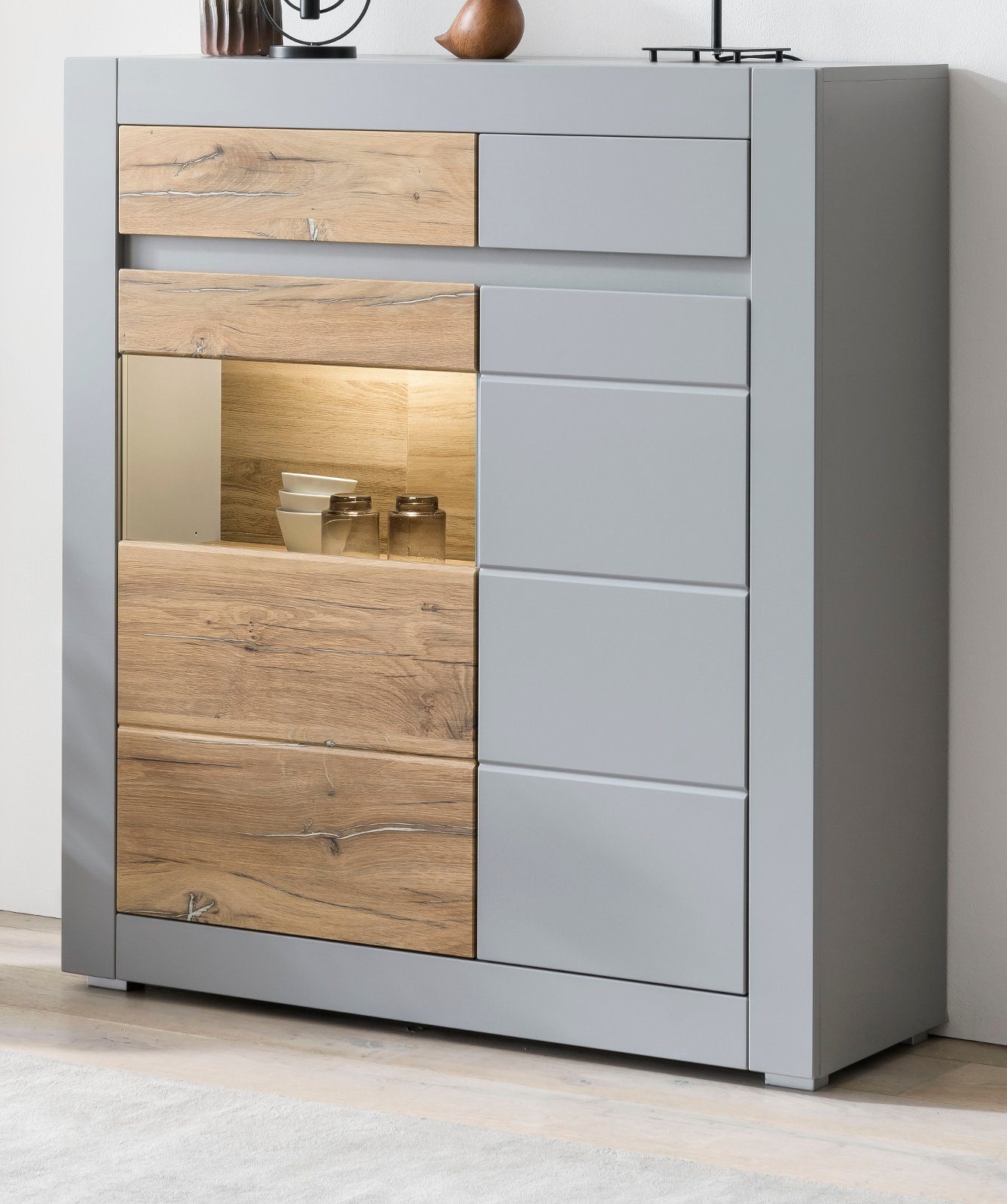 Furn.Design Highboard Tamaris (Kommode in grau mit Eiche, 100 x 113 cm), 2  Türen und Schublade, Soft-Close | Vitrinenschränke
