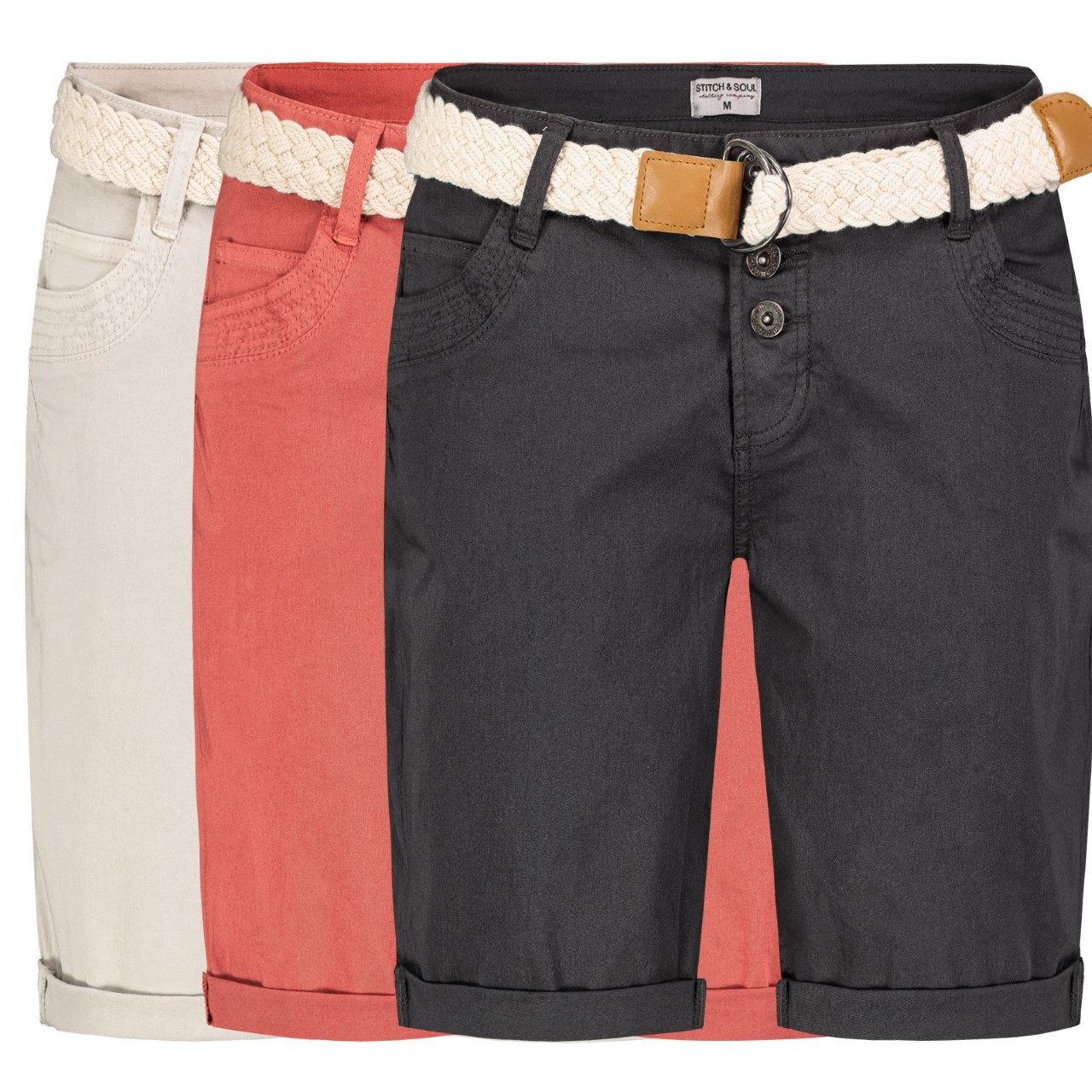 Stitch & Soul Bermudas Damen Short Bermuda kurze Hose Sommer Chino Stoff Hose mit Gürtel – Bild 4 von 5