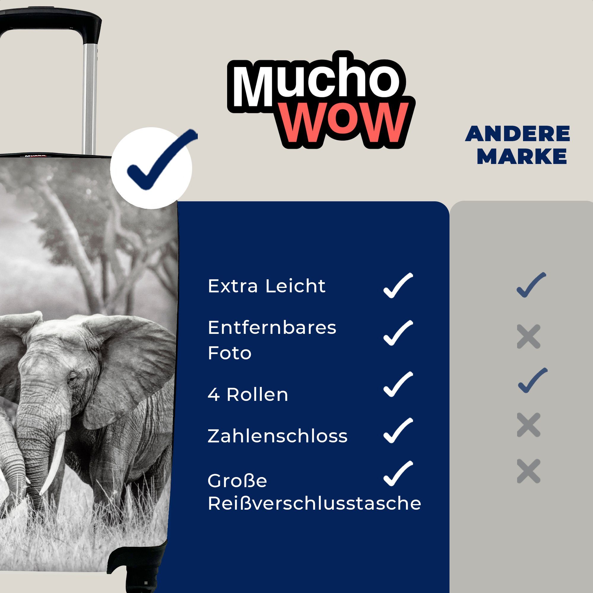 rollen, Handgepäck Tiere Reisetasche und MuchoWow für Rollen, Natur weiß, Elefant Reisekoffer 4 Ferien, - - mit Handgepäckkoffer Trolley, - Schwarz