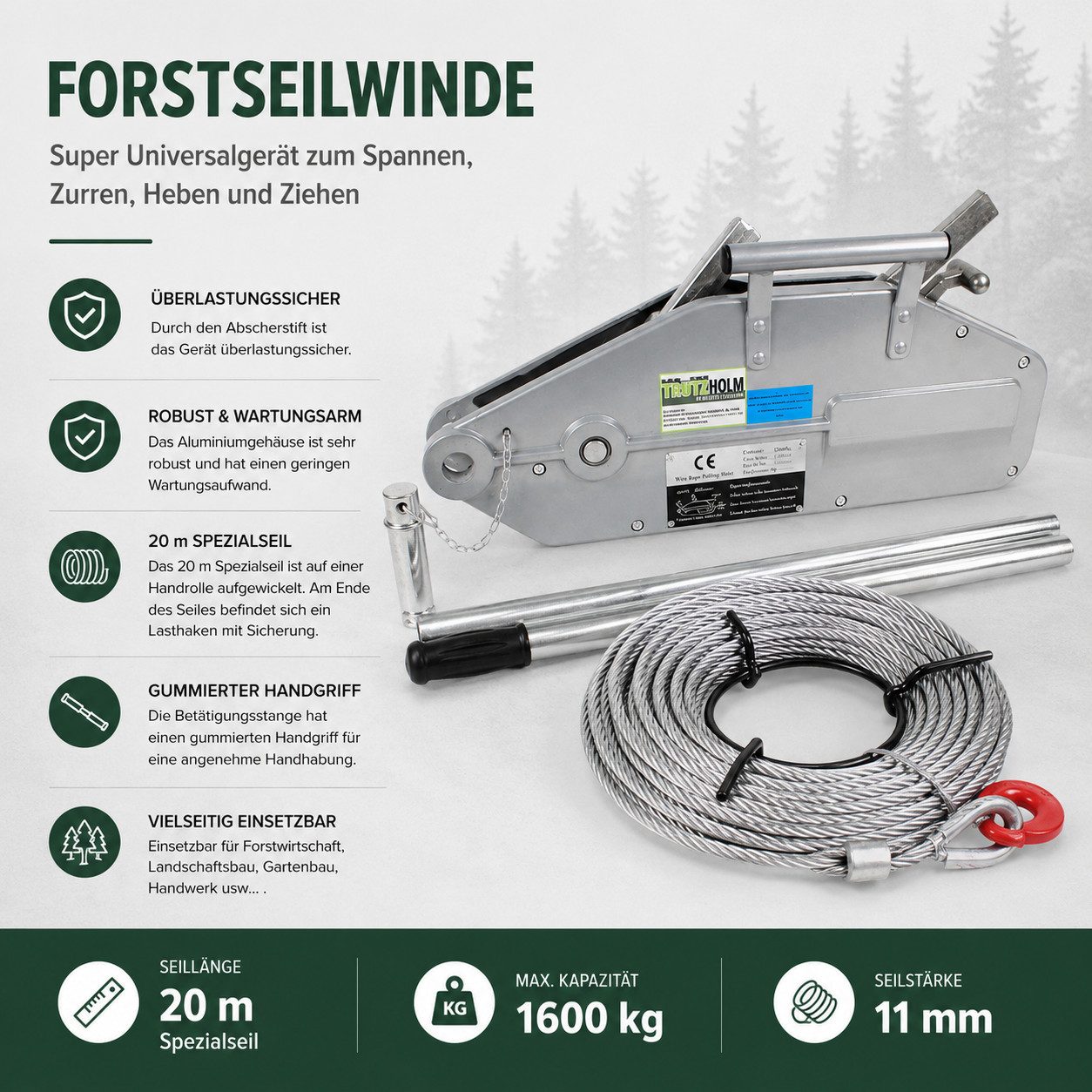 TRUTZHOLM Seilwinde Seilzug 1600kg Greifzug Seilwinde Forstseilwinde Offroad Winde 1,6 t, (1-St), Überlastungsschutz,Gummierter Handgriff – Bild 4 von 5