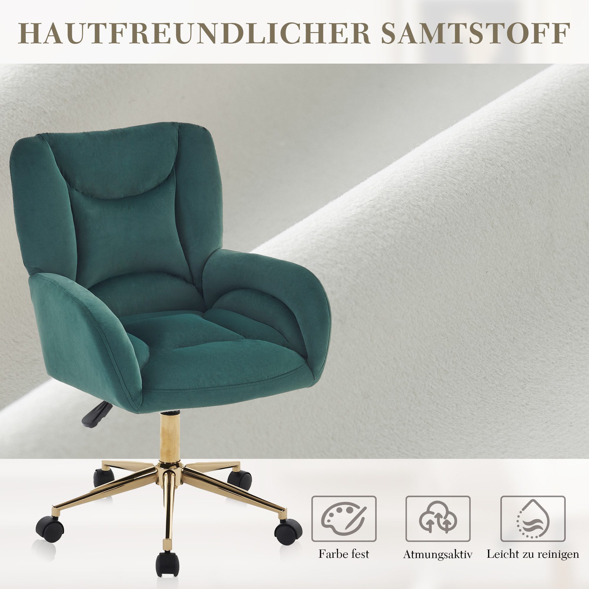 DEKKETO Polsterstuhl Bürostuhl, Schreibtischstuhl, Schminkstuhl & Drehstuhl aus Samt (1 St), mit goldenem Fußkreuz, ideal für Schlafzimmer & Home Office