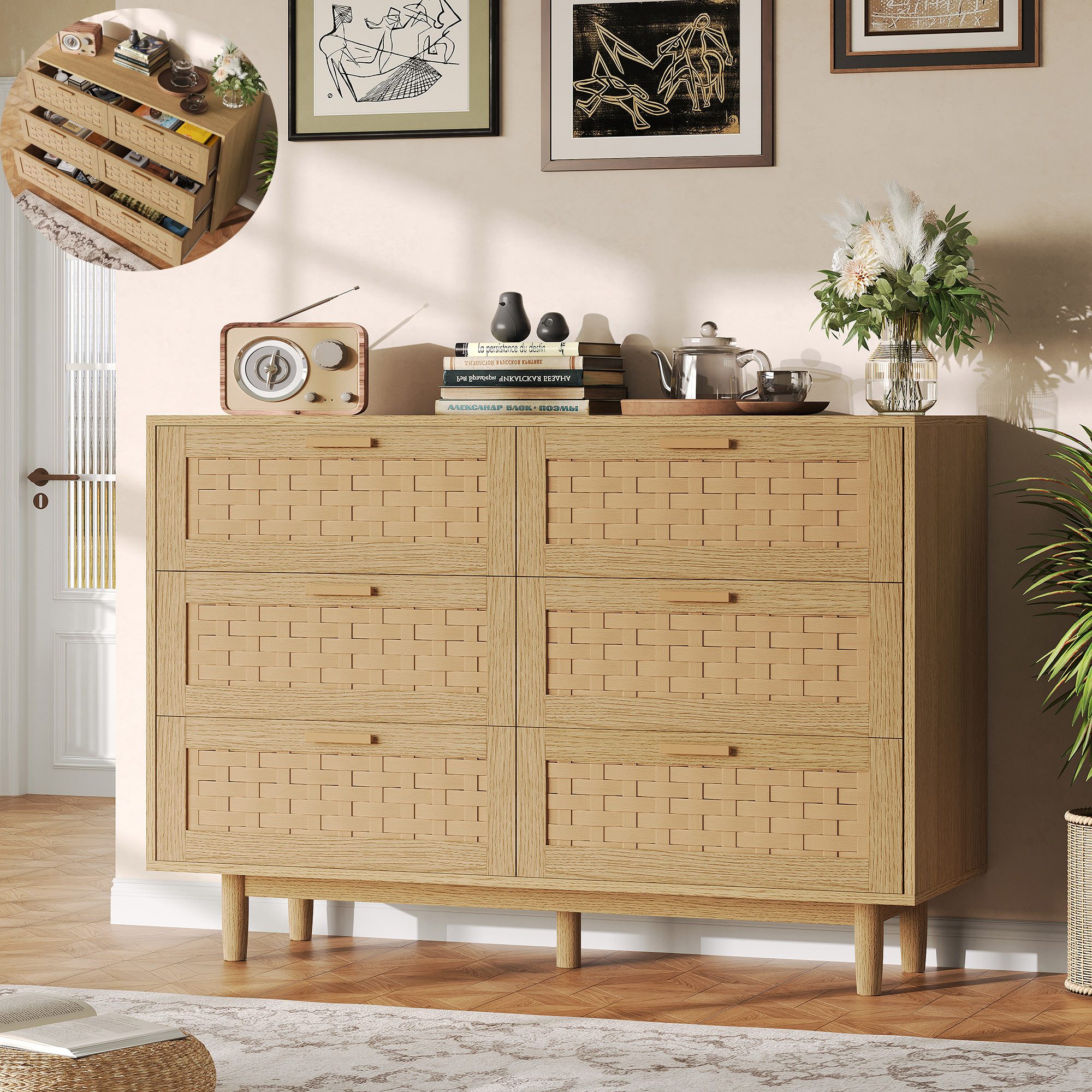 PXloue Sideboard Rattankommode, Kommode mit Schiebetüren mit 6 Schubladen, Schlafzimmerschrank mit viel Stauraum, 115 ×80 ×40 cm