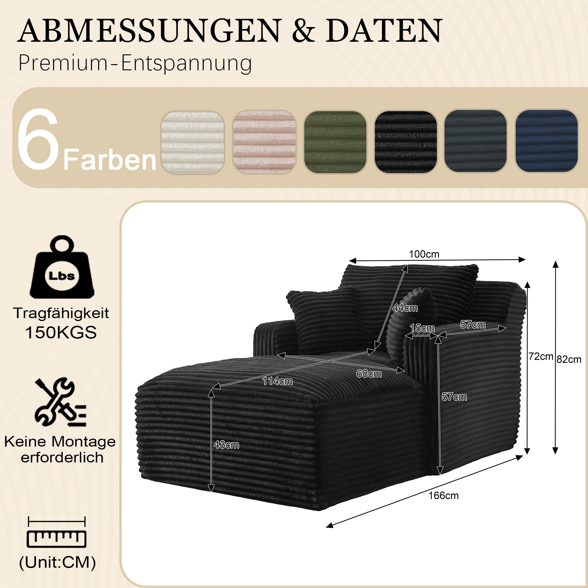 GLP Chaiselongue Bodensofa mit Schlaffunktion, Cord Chaiselongue Relaxsessel Schlafsofa ohne Montage