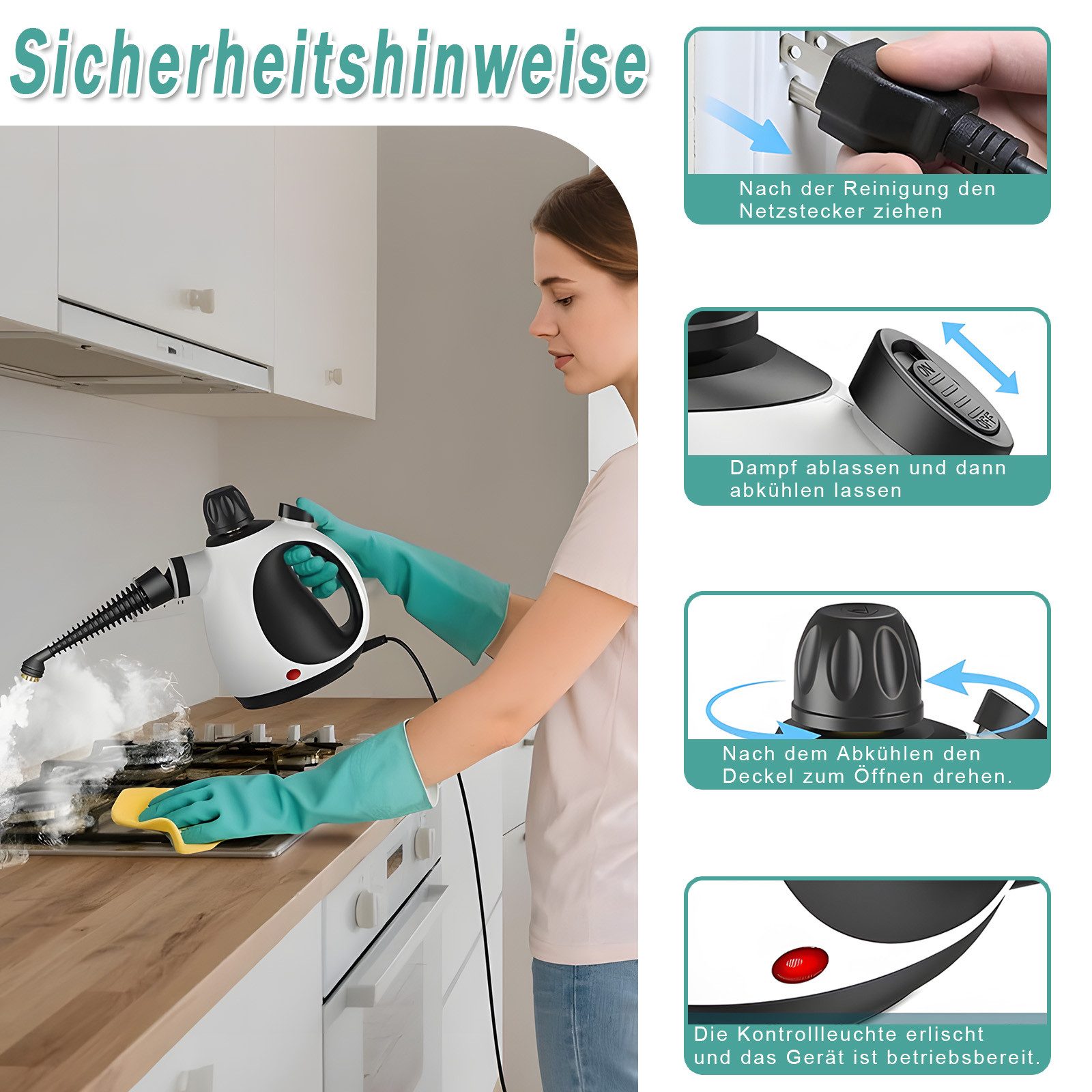 AKKEE Handdampfreiniger Mehrzweck-Dampfreiniger 320 Kpa Küchenreiniger tragbarer Reiniger, 1050 W, mit 14 Zubehörteilen, Ergonomischer Griff
