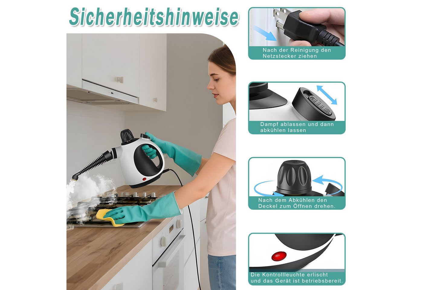 AKKEE Handdampfreiniger Mehrzweck-Dampfreiniger 320 Kpa Küchenreiniger tragbarer Reiniger, 1050 W, mit 14 Zubehörteilen, Ergonomischer Griff