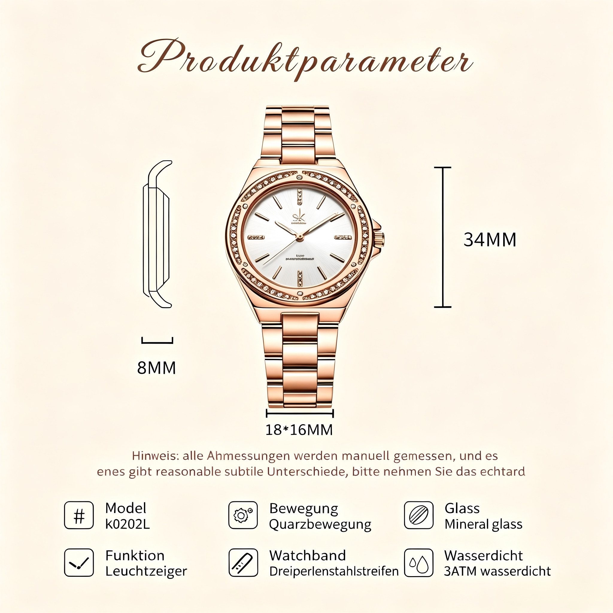 ibettertec Quarzuhr Armbanduhr Damen, Mit Kristallen besetzt, Modern & edel, (Packung, 3ATM wasserdicht, Elegant, Zeitlos, Geschenk für Frauen), Roségold Uhr, U – Bild 4 von 5