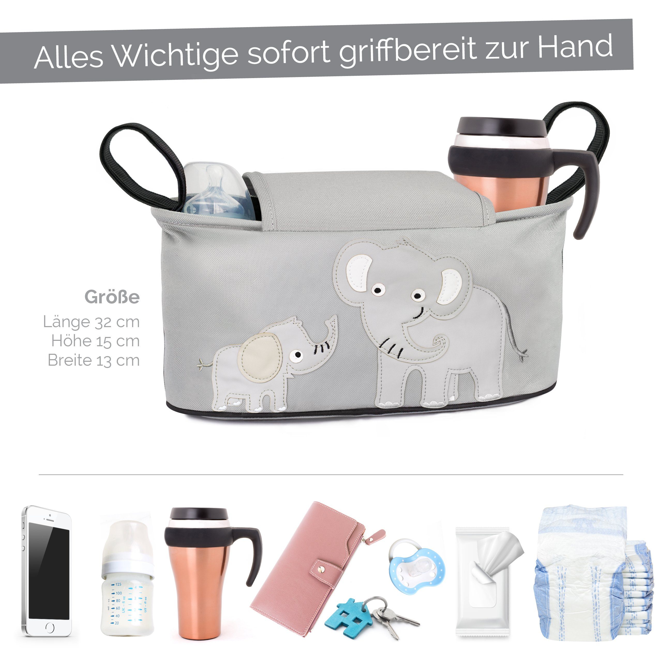 GLÜCKSWOLKE Kinderwagen-Tasche in Grau oder Schwarz I 6 Motive I Kinderwagentasche & Buggy Organizer, Kinderwagen Tasche mit Getränkehalter und Feuchttücherfach