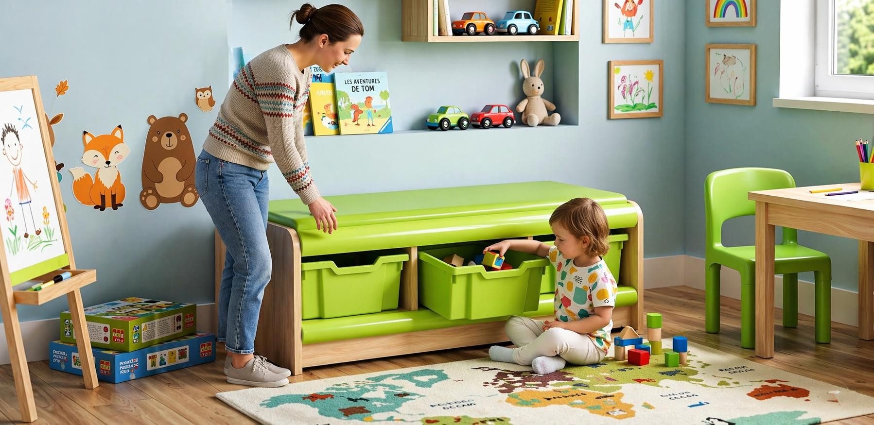 JVmoebel Truhenbank Praktische Aufbewahrungsbank mit grünen Boxen für Kinderzimmer, Made in Europa
