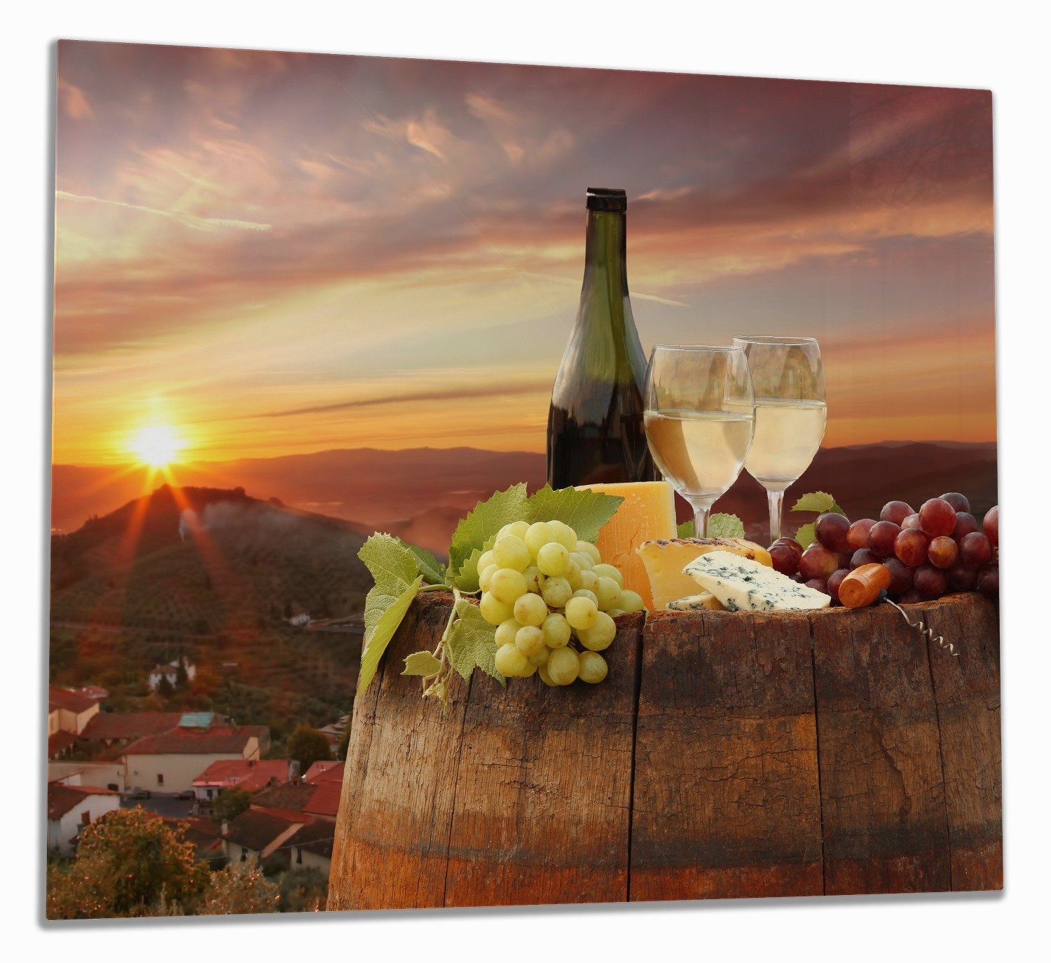 Wallario Herd-Abdeckplatte Wein Romantik - Weißwein mit Käse auf einem Fass, ESG-Sicherheitsglas, (Glasplatte, 1 tlg., inkl. 5mm Noppen), verschiedene Größen