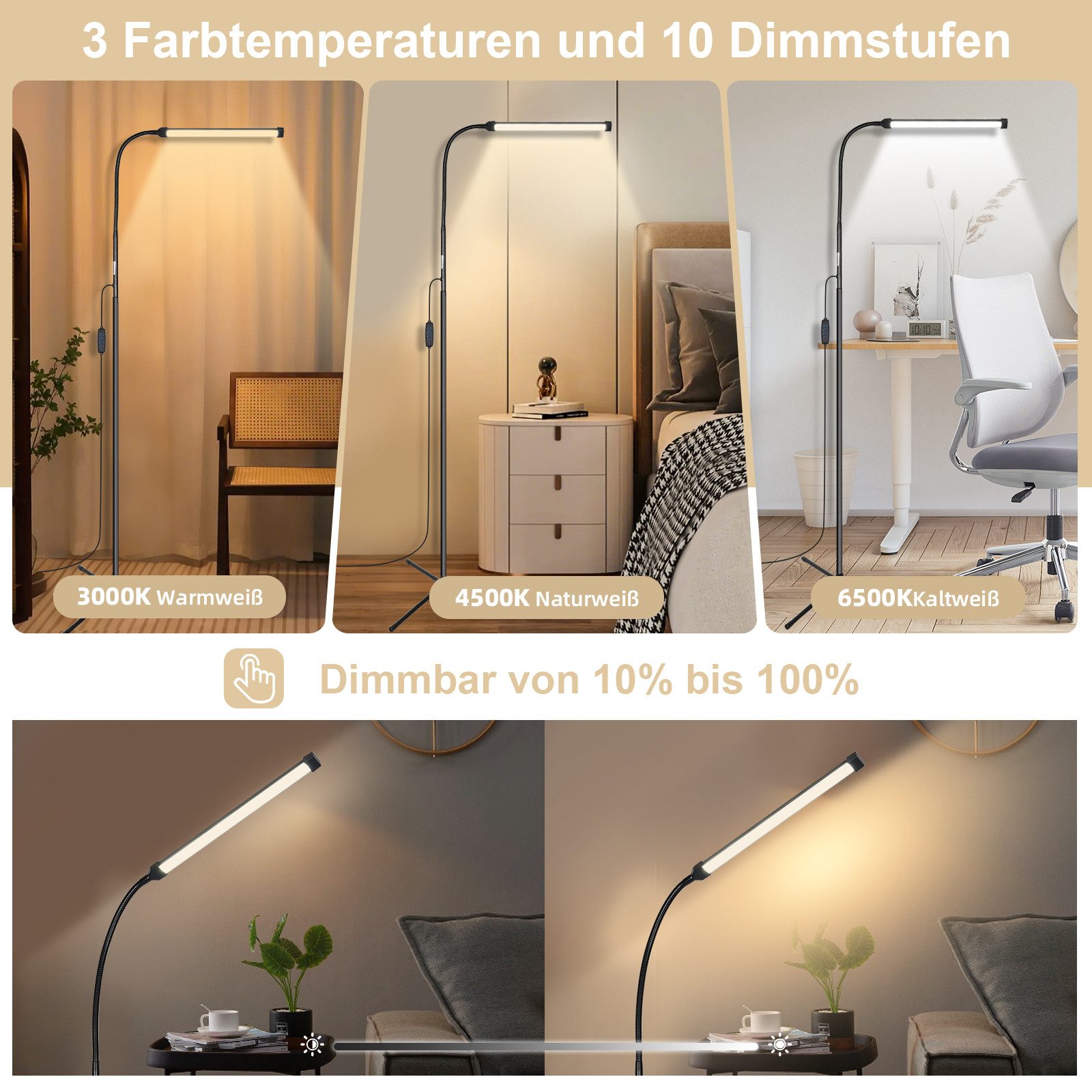 Jibenhome LED Leselampe Moderne Verstellbare LED Stehleuchte dimmbar,3000K/4000K/6000K, LED fest integriert,mit flexiblem Schwanenhals,Home Office Büro