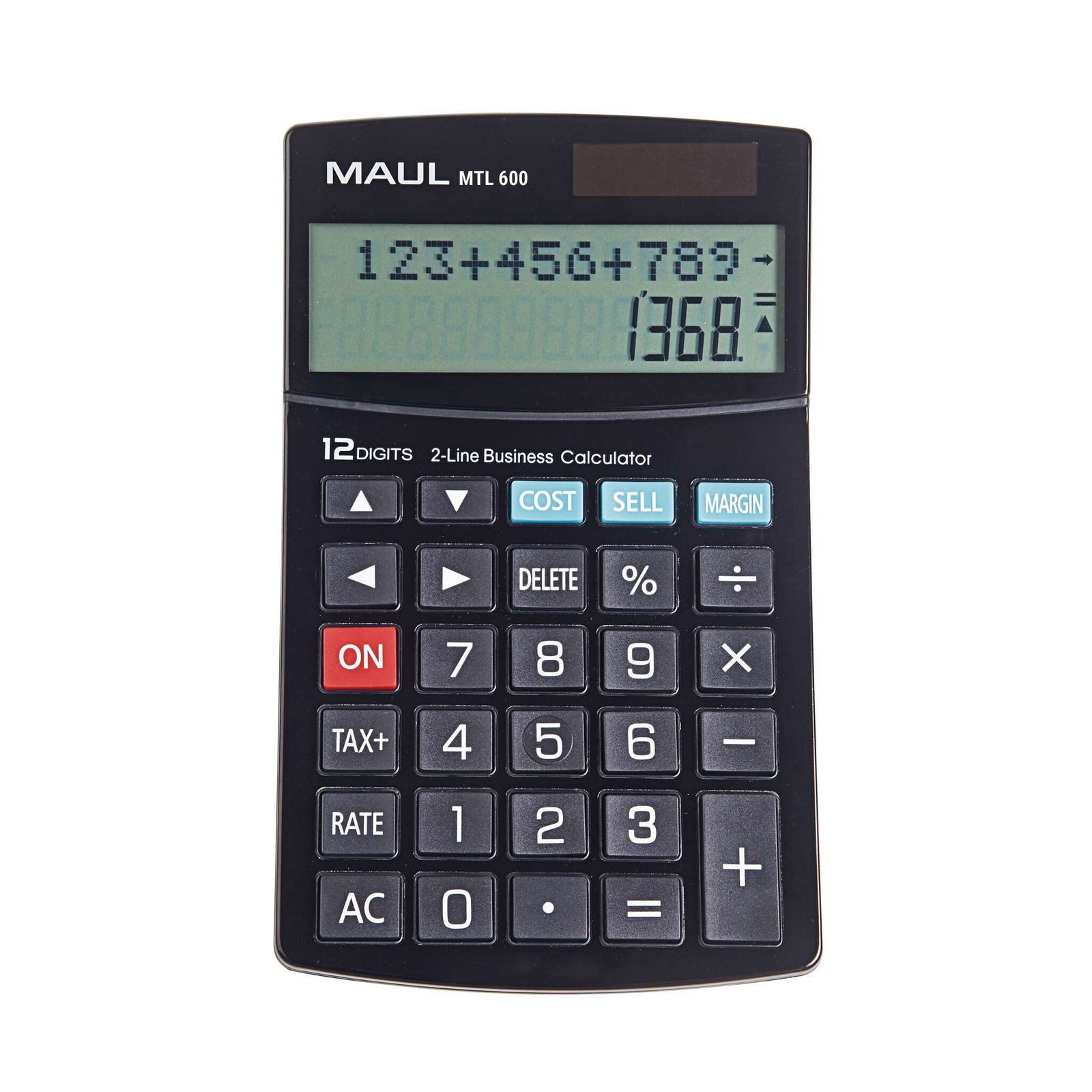 MAUL Taschenrechner mit kaufmännischen Funktionen, 12-stelliges Display mit 2 Zeilen, Steuerberechnung, Gewinnspannenberechnung, inkl. Gerätebeatterie