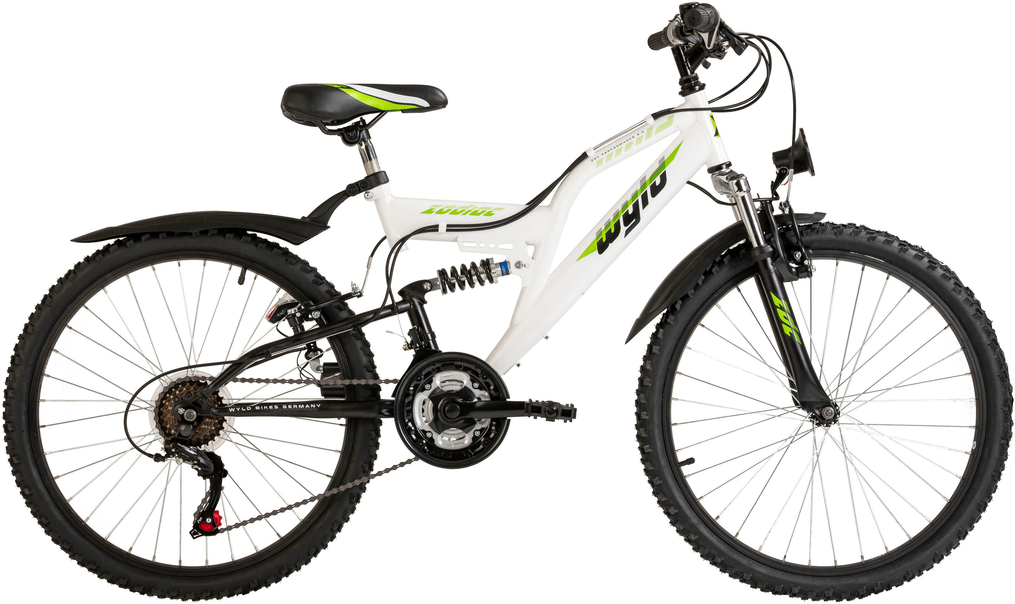 WYLD Kinderfahrrad Kinder-Mountainbike Fully ATB 24" Zodiac weiß-grün 18 Gänge RH 38 cm, 18 Gang, Kettenschaltung