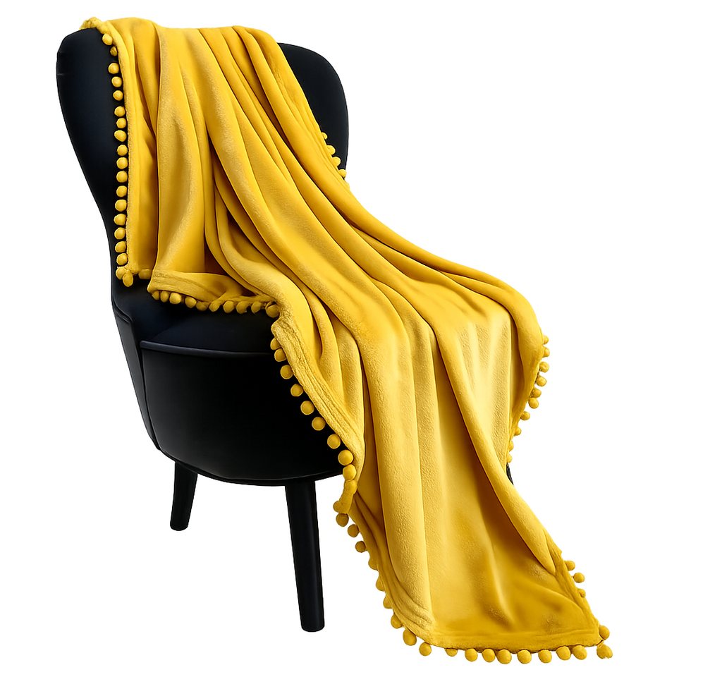 Wohndecke Flanell Kuscheldecke 150x200 cm weich warm Sofadecke Pompons, LOMAO, Weich warm atmungsaktiv leicht mit Pompons maschinenwaschbar