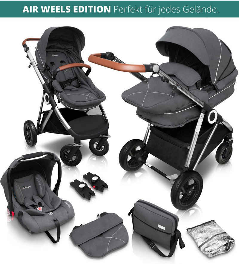 BabyGo Kombi-Kinderwagen Halime AIR 3in1, Grey Silver, mit Luftreifen, inkl. Babywanne, Babyschale, Regenhaube & Wickeltasche