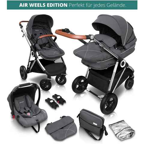 BabyGo Kombi-Kinderwagen Halime AIR 3in1, Grey Silver, mit Luftreifen, inkl. Babywanne, Babyschale, Regenhaube & Wickeltasche