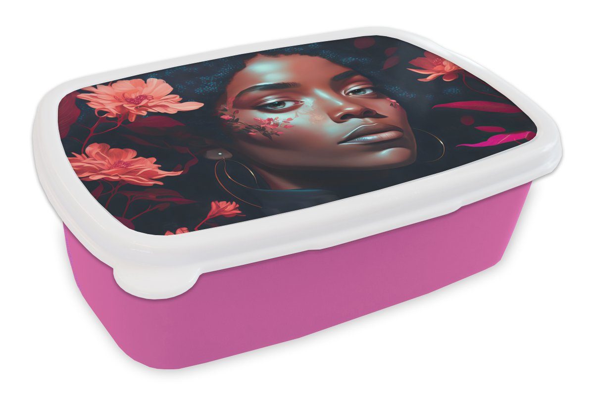 MuchoWow Lunchbox Blumen - Frau - Porträt - Illustration, Kunststoff, (2-tlg), Brotbox für Erwachsene, Brotdose Kinder, Snackbox, Mädchen, Kunststoff rosa