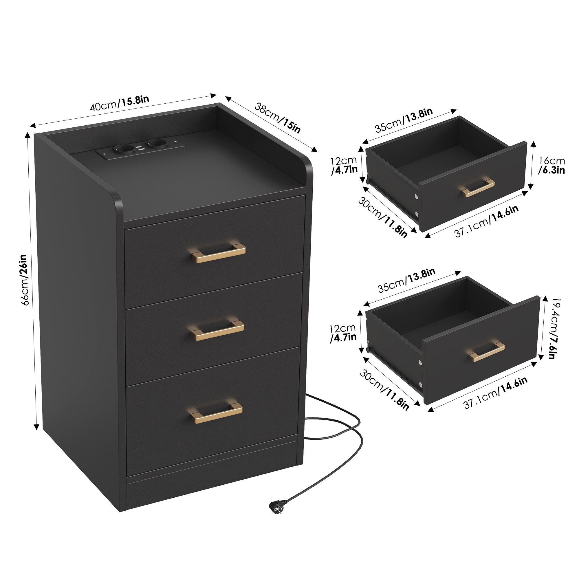 Homfa Nachttisch Nachtschrank mit Ladefunktion (2-St), 3 Schubladen, 2 AC-Steckdosen, 2 USB-Anschlüsse, 40x38x66cm – Bild 4 von 5