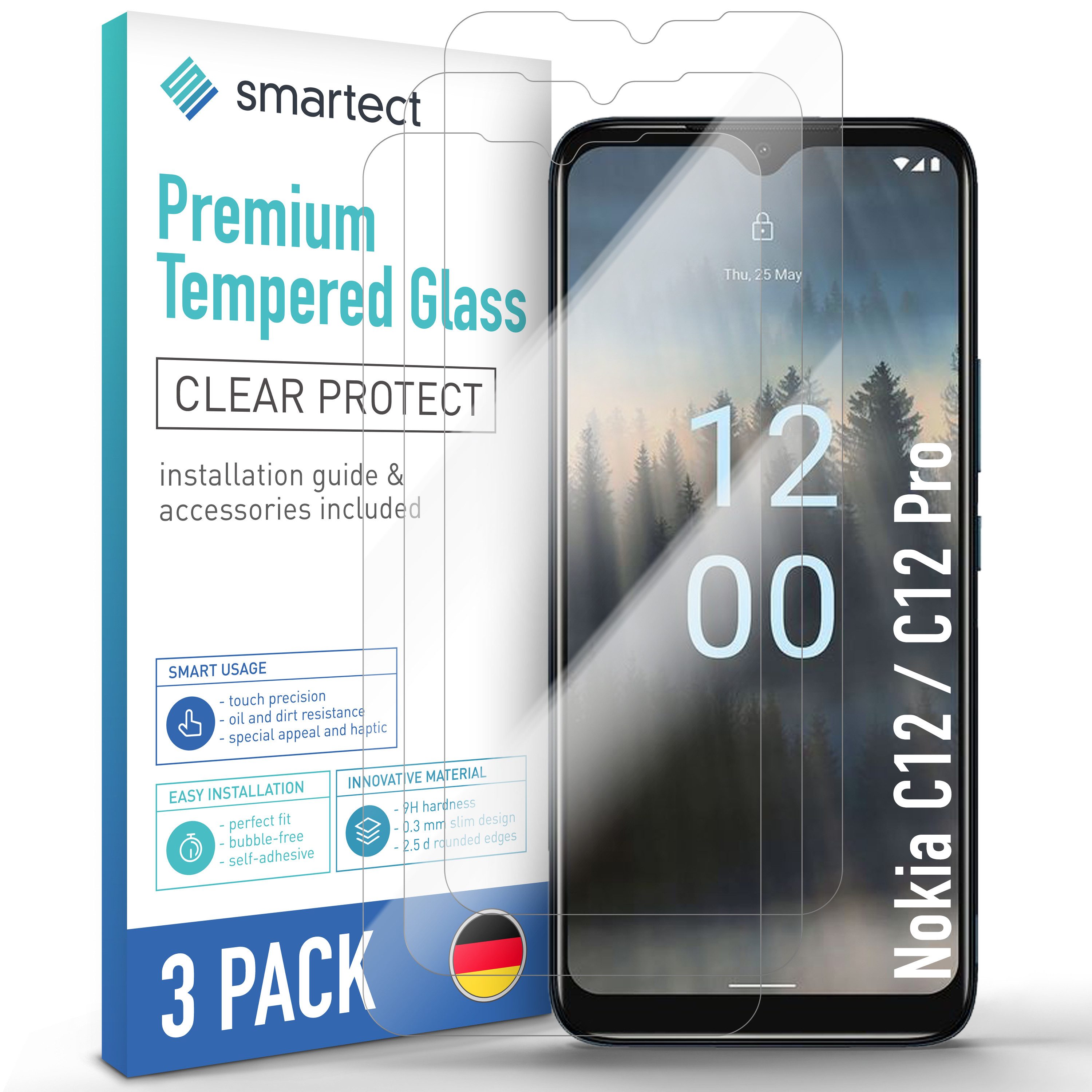 smartect Displayschutzglas Schutzglas Panzerfolie Klar für Nokia C12 / C12 Pro, Set, 3 Stück, Schutzfolie Glasschutz Bildschirm
