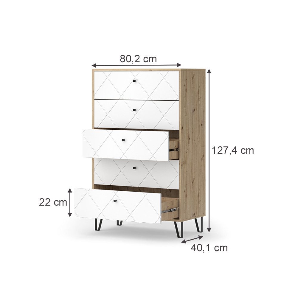 Vicco Kommode Nizza, Artisan/Weiß/Weiß, 80.2 x 127.4 cm mit 5 Schubladen (1 St)