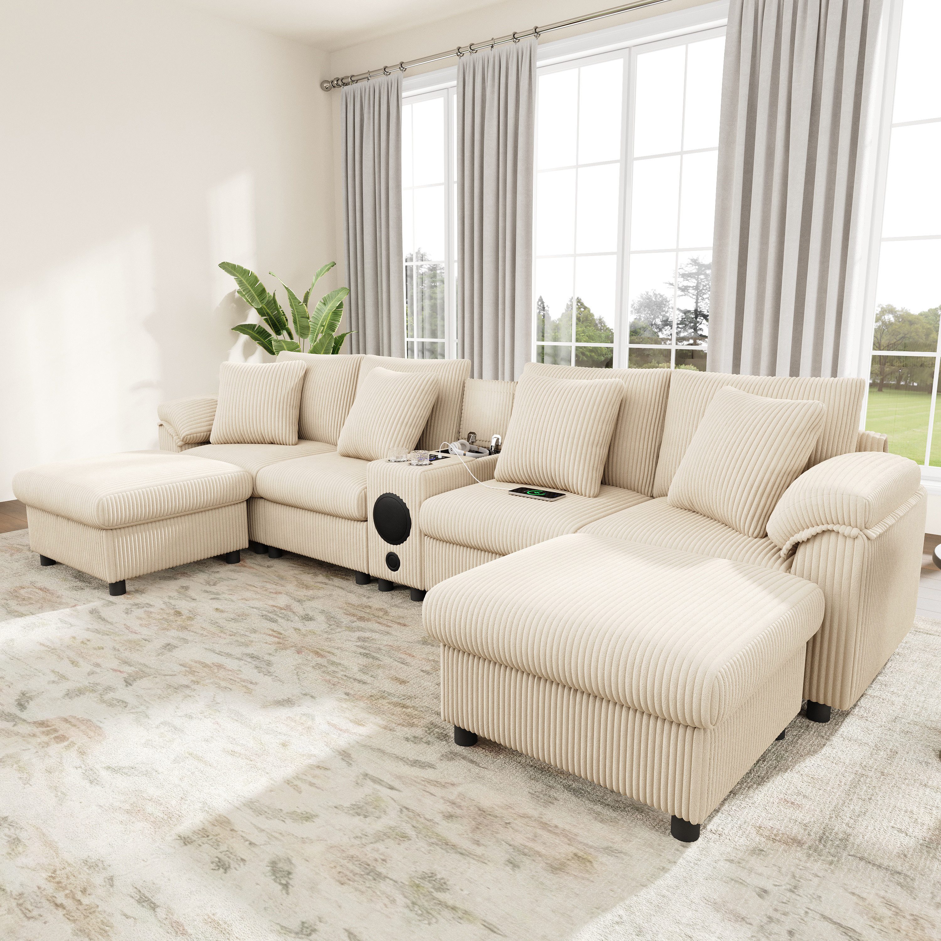 MODFU Wohnlandschaft Mit Konsole, Bluetooth, Wireless Charging & USB, Stauraum, Getränkehalter & Kissen inklusive 1 Teile, Cord-Sofa 315,5x144x84,5 cm, Beige