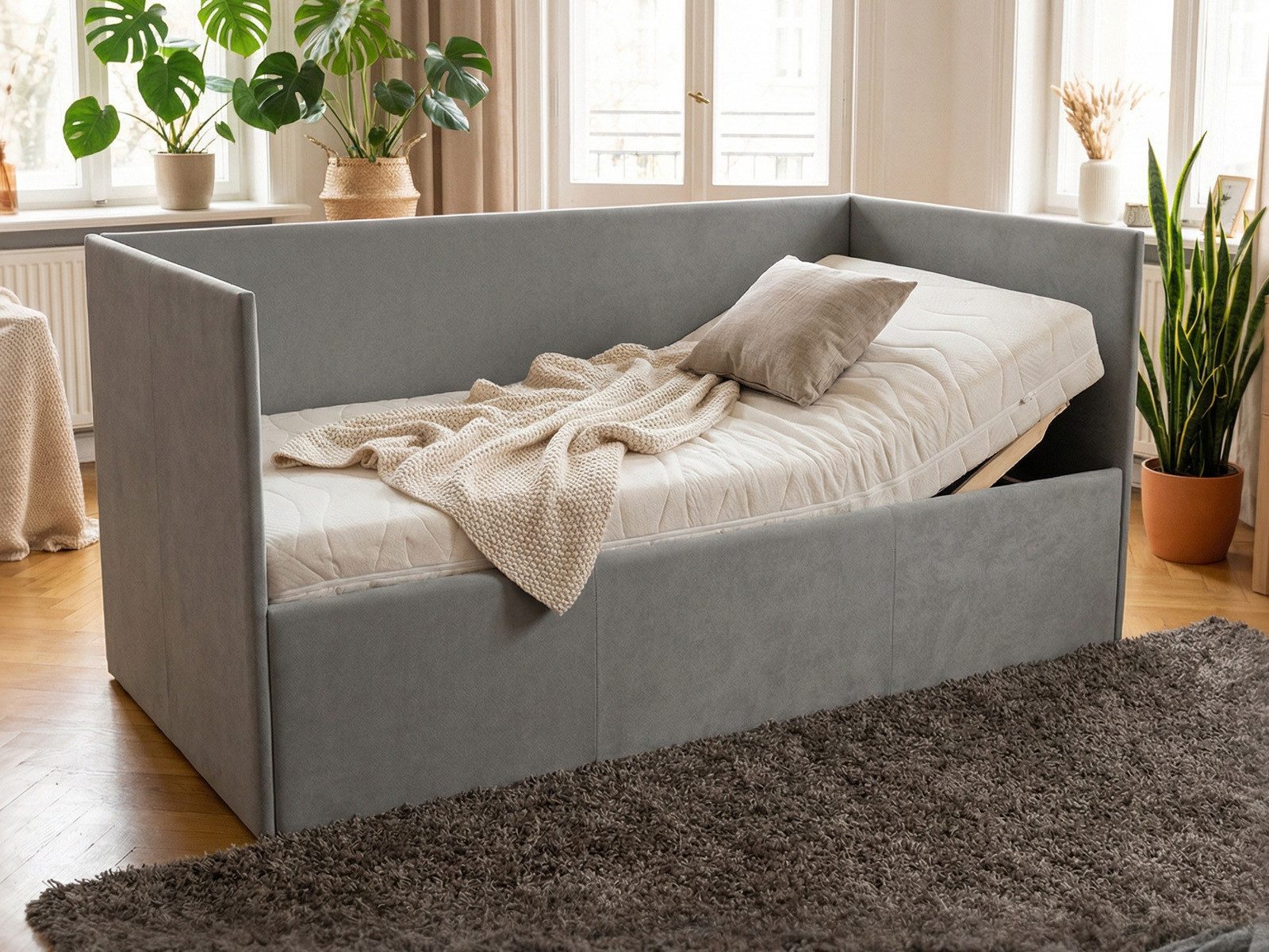 PAARA Polsterbett in Sofa Optik mit Bettkasten inkl. Lattenrost & Matratze (Lattenroste), Modell Sofia 90GK