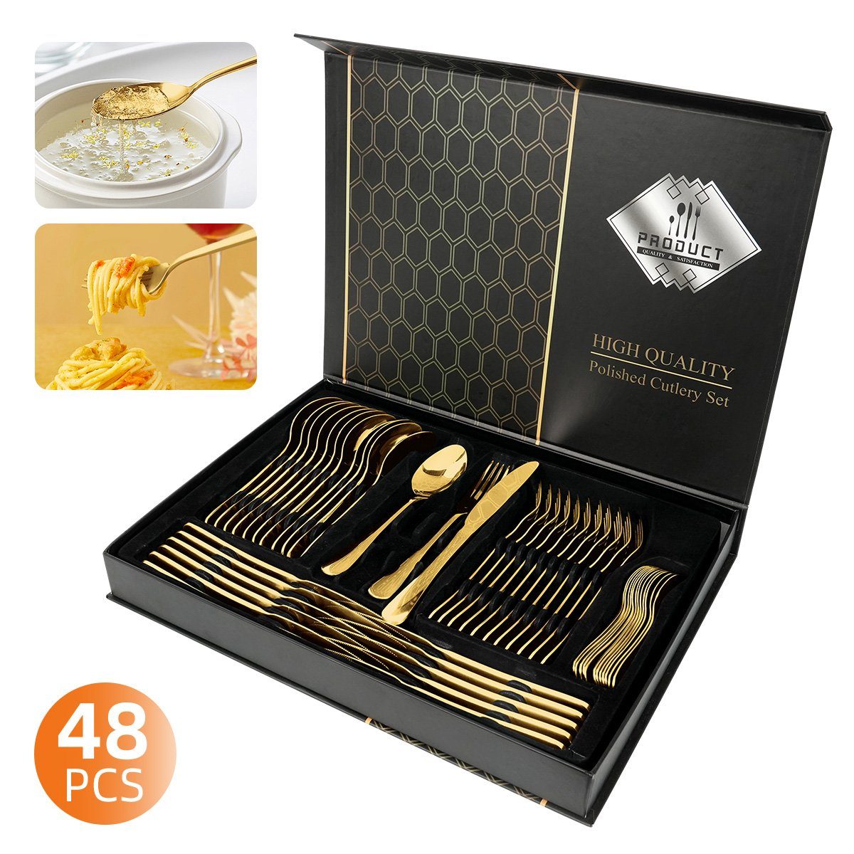 MULISOFT Besteck-Set Exklusives 48-teiliges Essbesteck-Set in edler Geschenkbox (48-tlg), 12 Personen, Edelstahl, Goldenes Besteck Set für 12 Personen mit Geschenkbox für Bankett