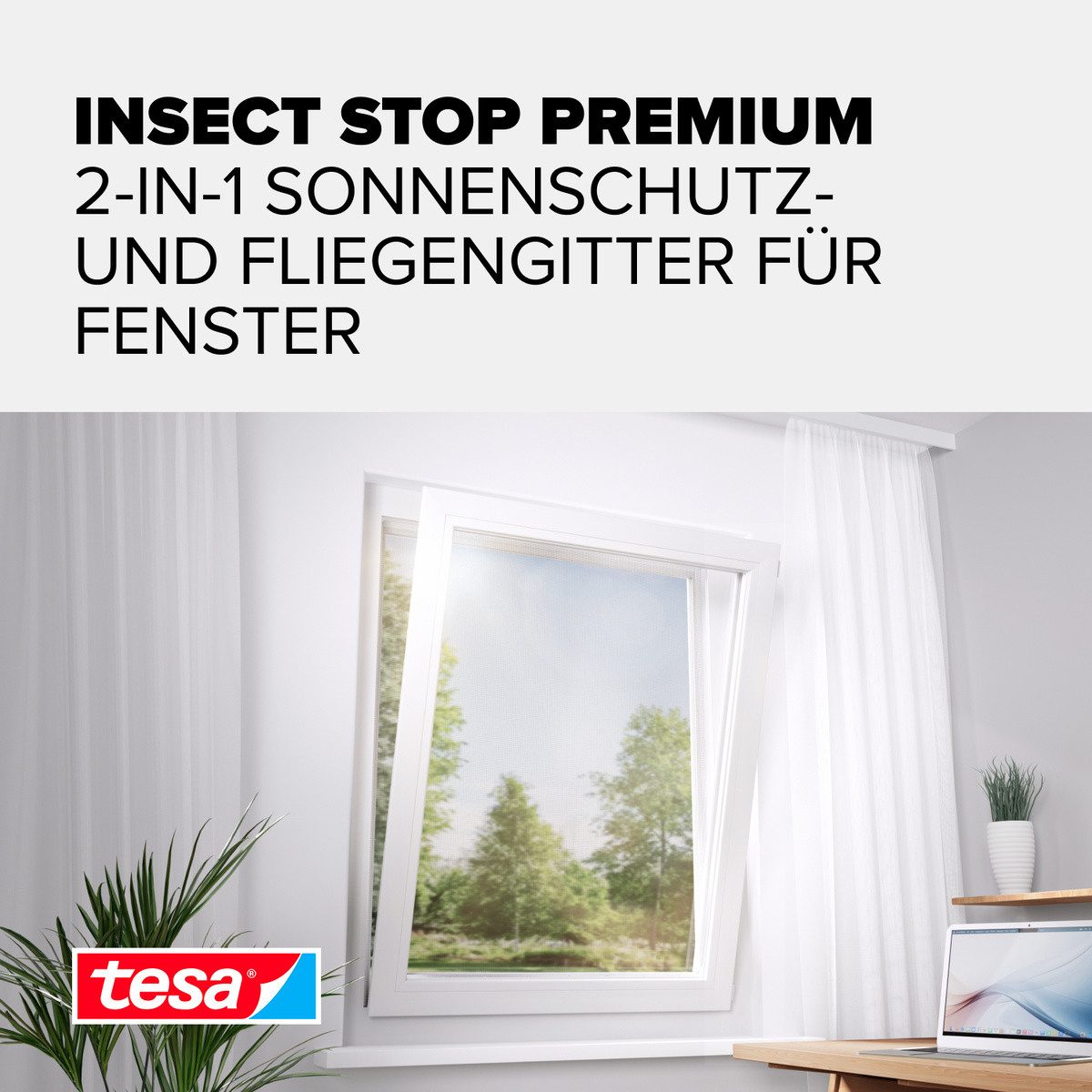 tesa Fliegengitter-Gewebe 2-in-1 Sonnenschutz- und Fliegengitter Premium für Fenster, (Packung, 1-St., Fliegennetz, Klettband), INSECT STOP Fliegen Netz ohne Bohren - 130 cm x 150 cm