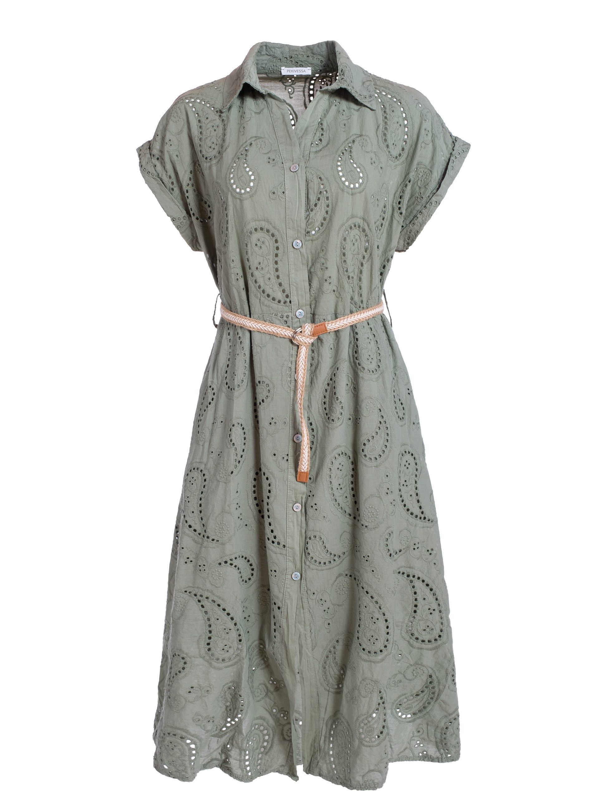 PEKIVESSA Sommerkleid Hemdblusenkleid mit Lochstickerei und Gürtel in Midilänge