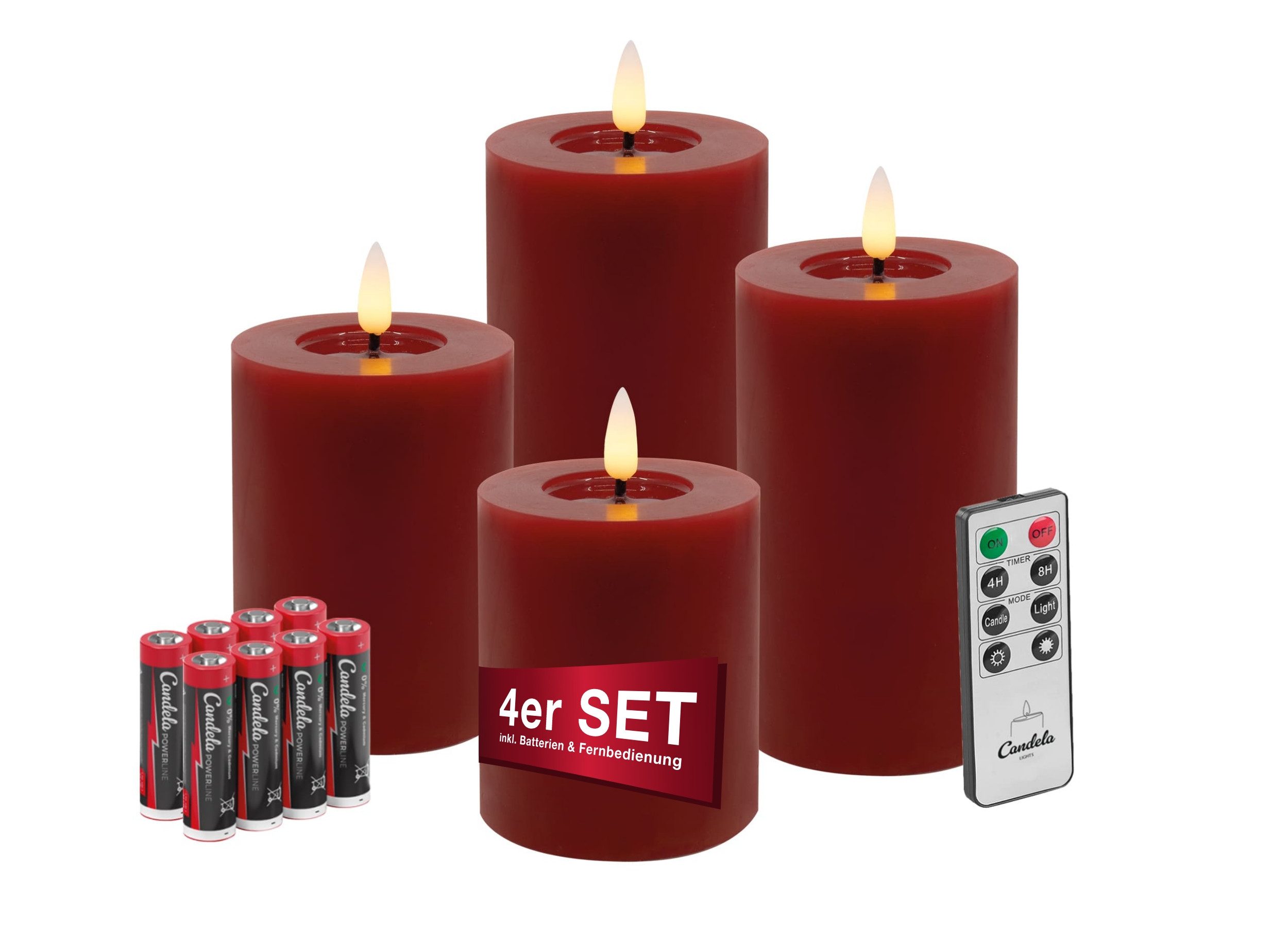 LC Home LED-Kerze Candela Lights LED Kerzen Echtwachs 4erSet mit Fernbedienung Batterien (Komplett-Set), LED Kerzen mit Timerfunktion Fernbedienung Dimmbar, LED-Teelicht