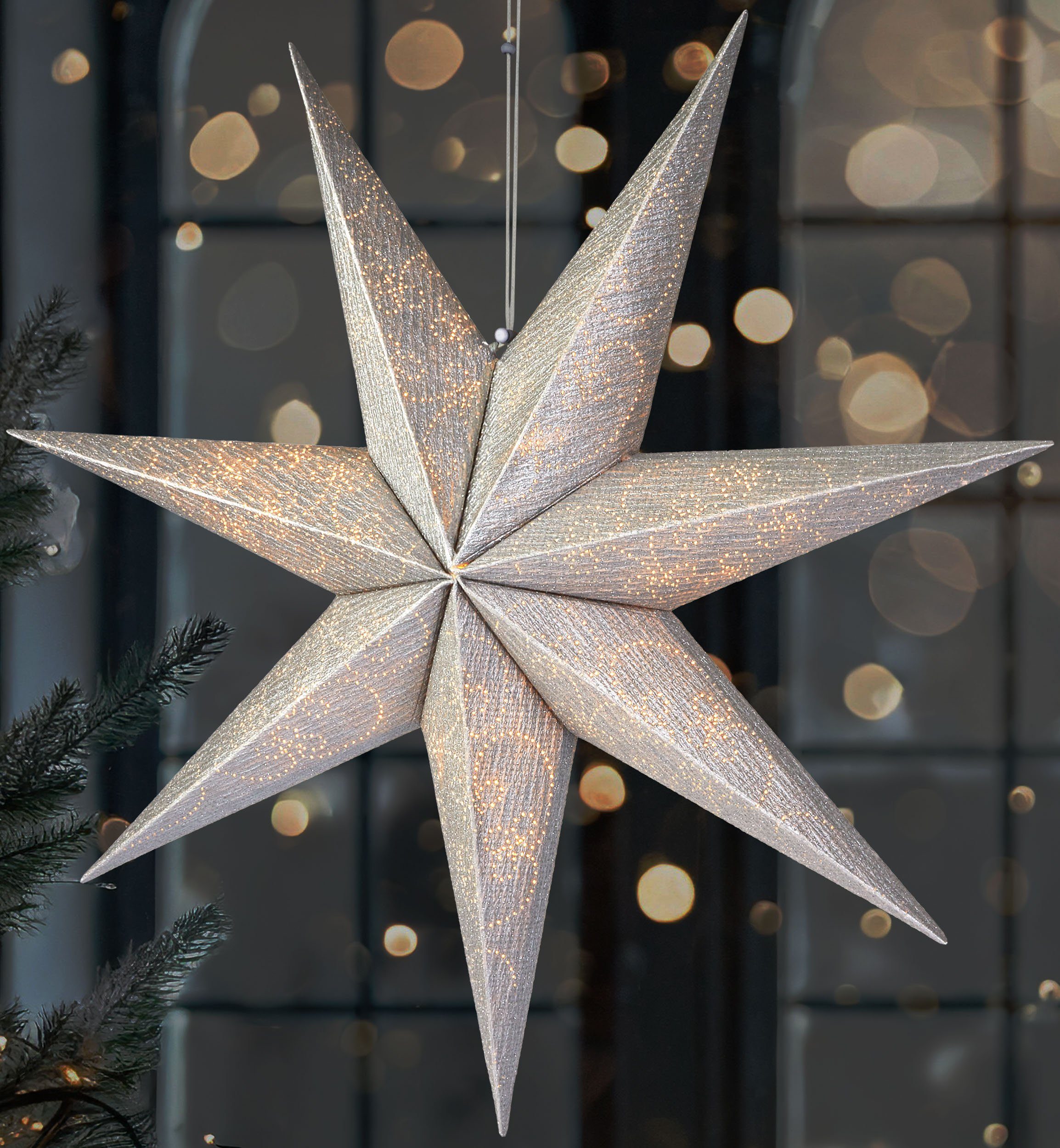BRUBAKER LED Stern 60 cm Weihnachtsstern für Innen - LED Adventsstern Hängend, Beleuchtbar mit Batterie für Weihnachten, LED fest integriert, Warmweiß, Leuchtstern zum Aufhängen für Fensterdeko und Weihnachtsdeko Silber