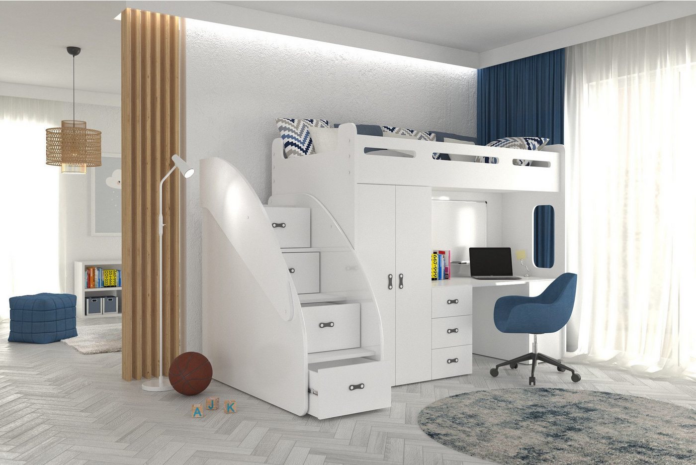 thematys Etagenbett 80x200cm mit Treppe, Schrank und Schreibtisch Hochglanz (für Jungen und Mädchen, Jugendbett, Kleiderschrank, Kinderzimmer, 3 in 1, 180cm x 130cm x 259cm)