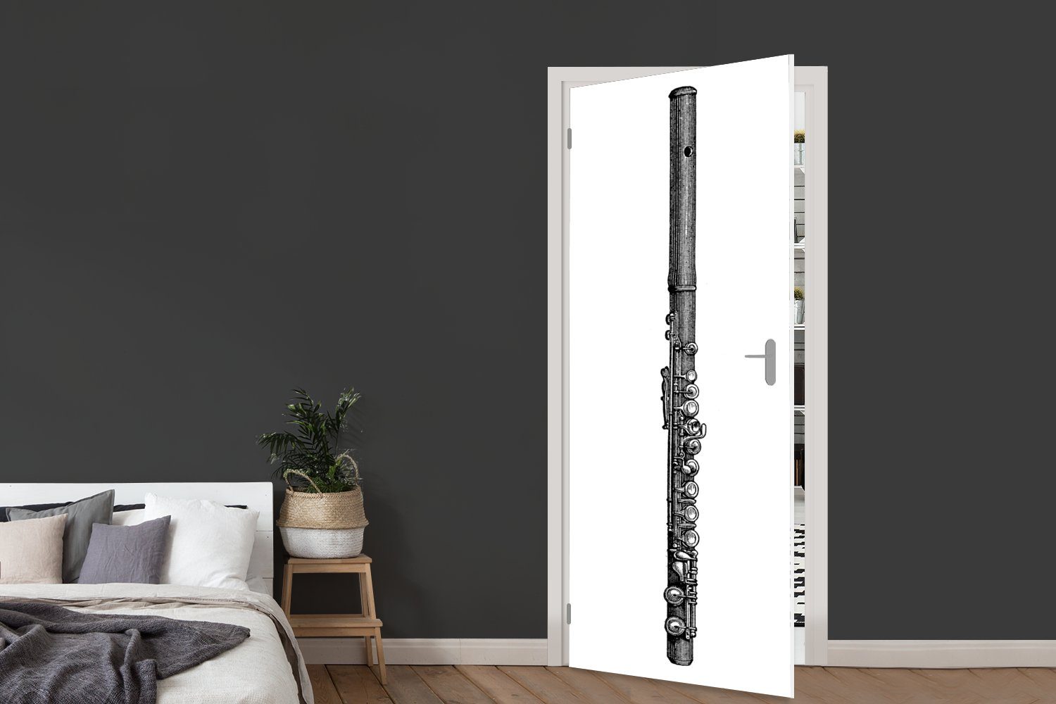 Tür, cm Matt, für Flöte, (1 St), einer Türtapete Fototapete bedruckt, Türaufkleber, 75x205 und weiße MuchoWow antiken Illustration Schwarze