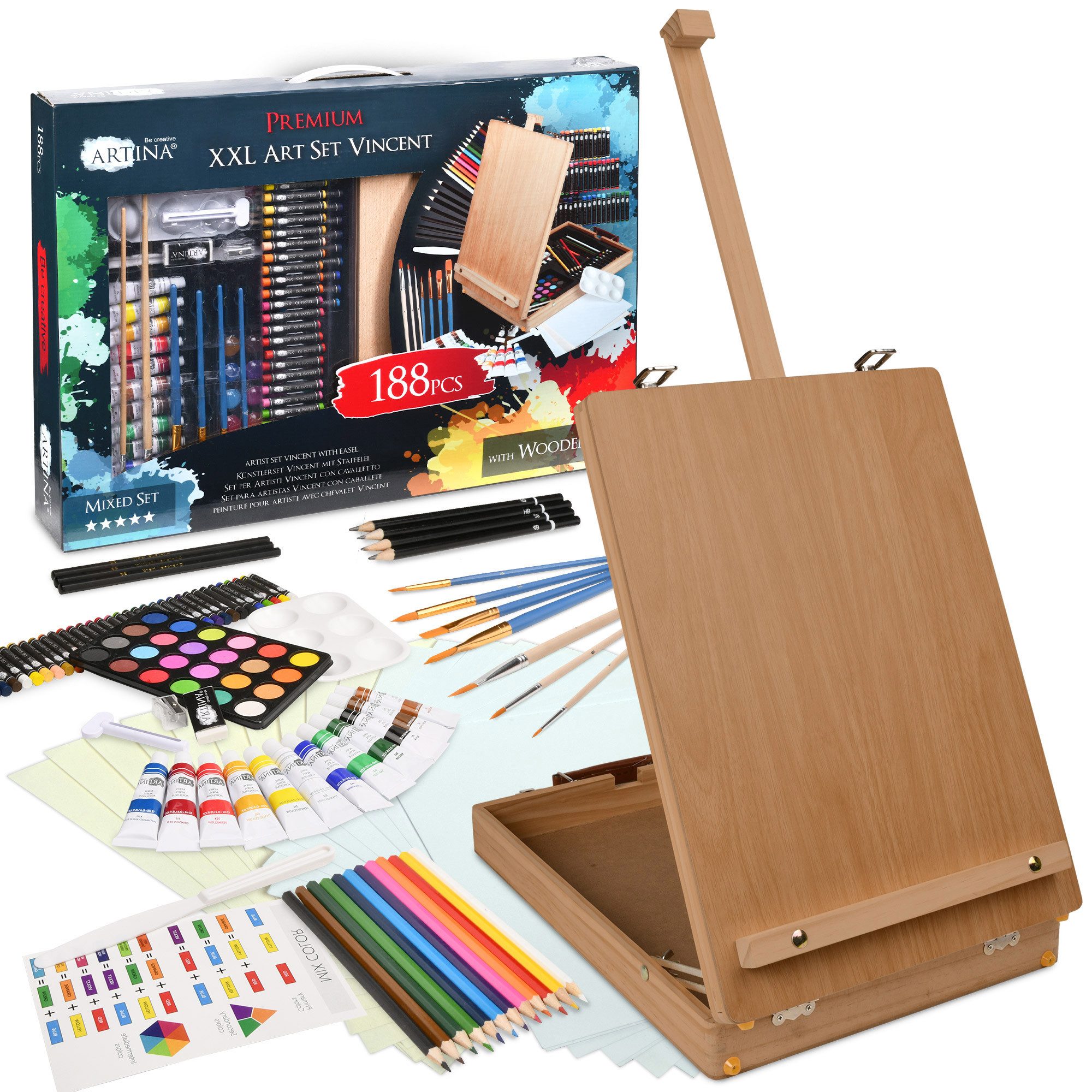 Artina Malpalette XXL 188tlg Malset inkl. Malkoffer & Tischstaffelei Vincent, 188tlg., Acrylfarben Set, Aquarell, Ölkreide, Pinsel, Malzubehör Künstlerkoffer