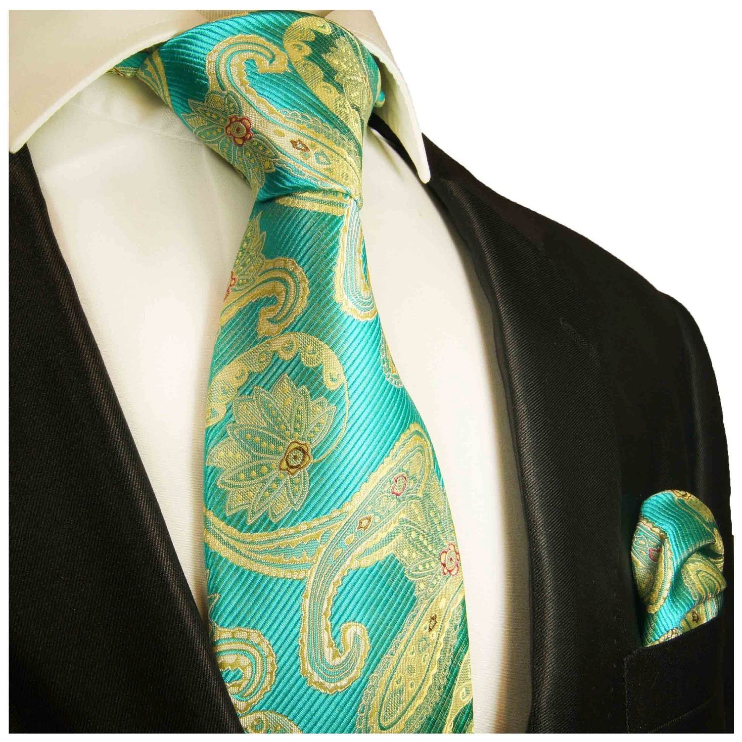 Paul Malone Krawatte Herren Seidenkrawatte mit Tuch modern paisley brokat 100% Seide (Set, 2-St., Krawatte mit Einstecktuch) Schmal (6cm), türkis gelb 2024