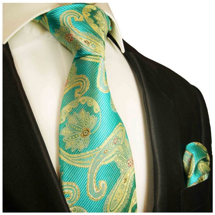 Paul Malone Krawatte Herren Seidenkrawatte mit Tuch modern paisley brokat 100% Seide (Set 2-St. Krawatte mit Einstecktuch) Schmal (6cm) türkis gelb 2024