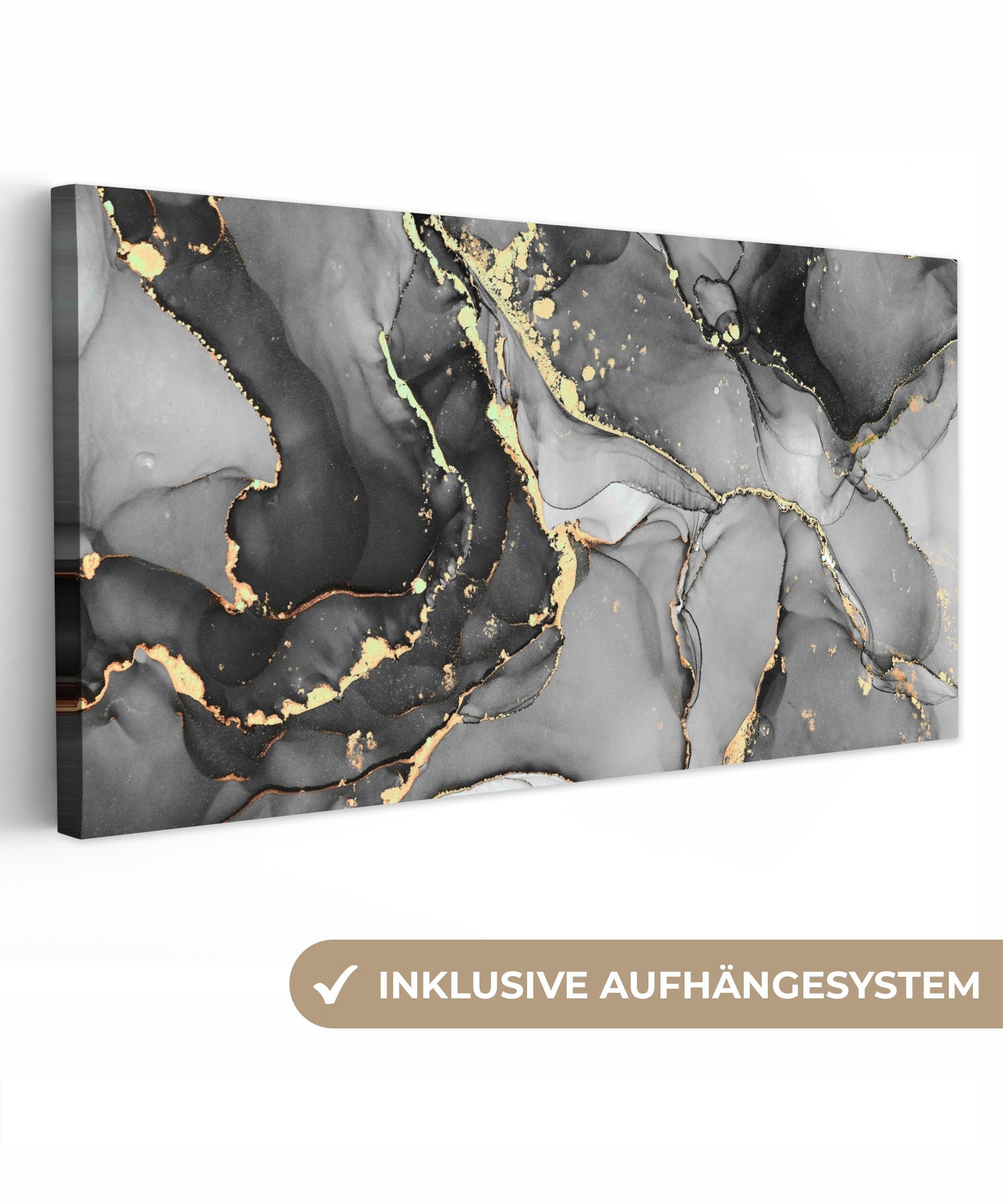 OneMillionCanvasses® Leinwandbild Panorama Marmor - Schwarz - Gold - Grau, günstig online kaufen