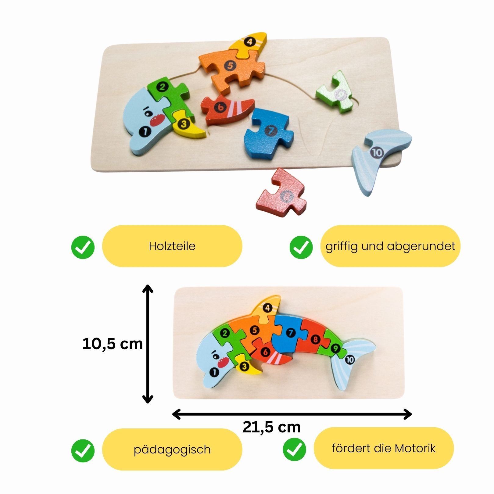 GICO Steckpuzzle Holzpuzzle Delfin mit Zahlen von 1 bis 10- 3911, Puzzleteile