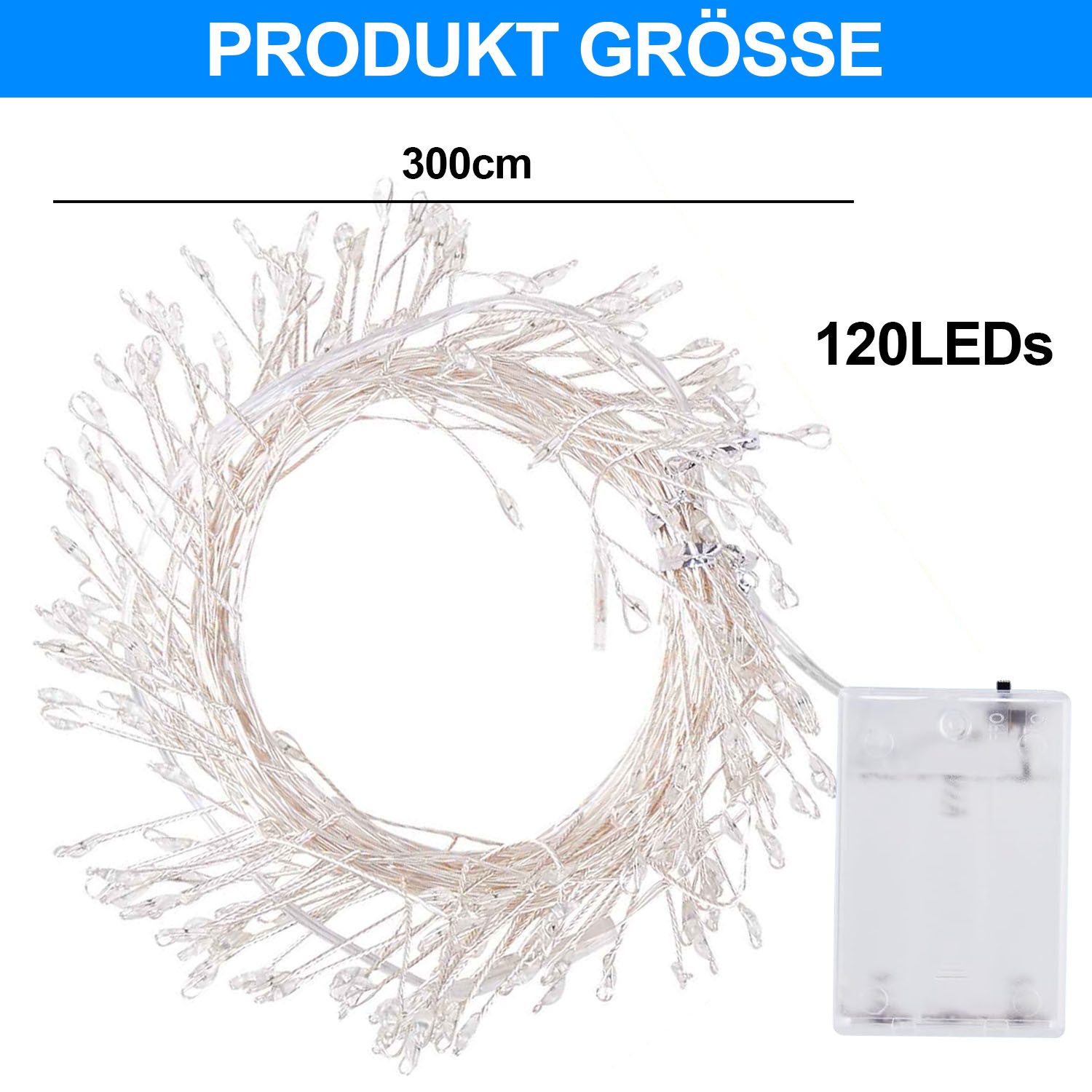 Jibenhome LED-Lichterkette Cluster Leuchtdraht Büschel Lichterbündel 300cm 120LEDs Lichtvorhang, DIY LED Kupferkabel Feuerwerkskörper Batterie Weihnachtsdekor
