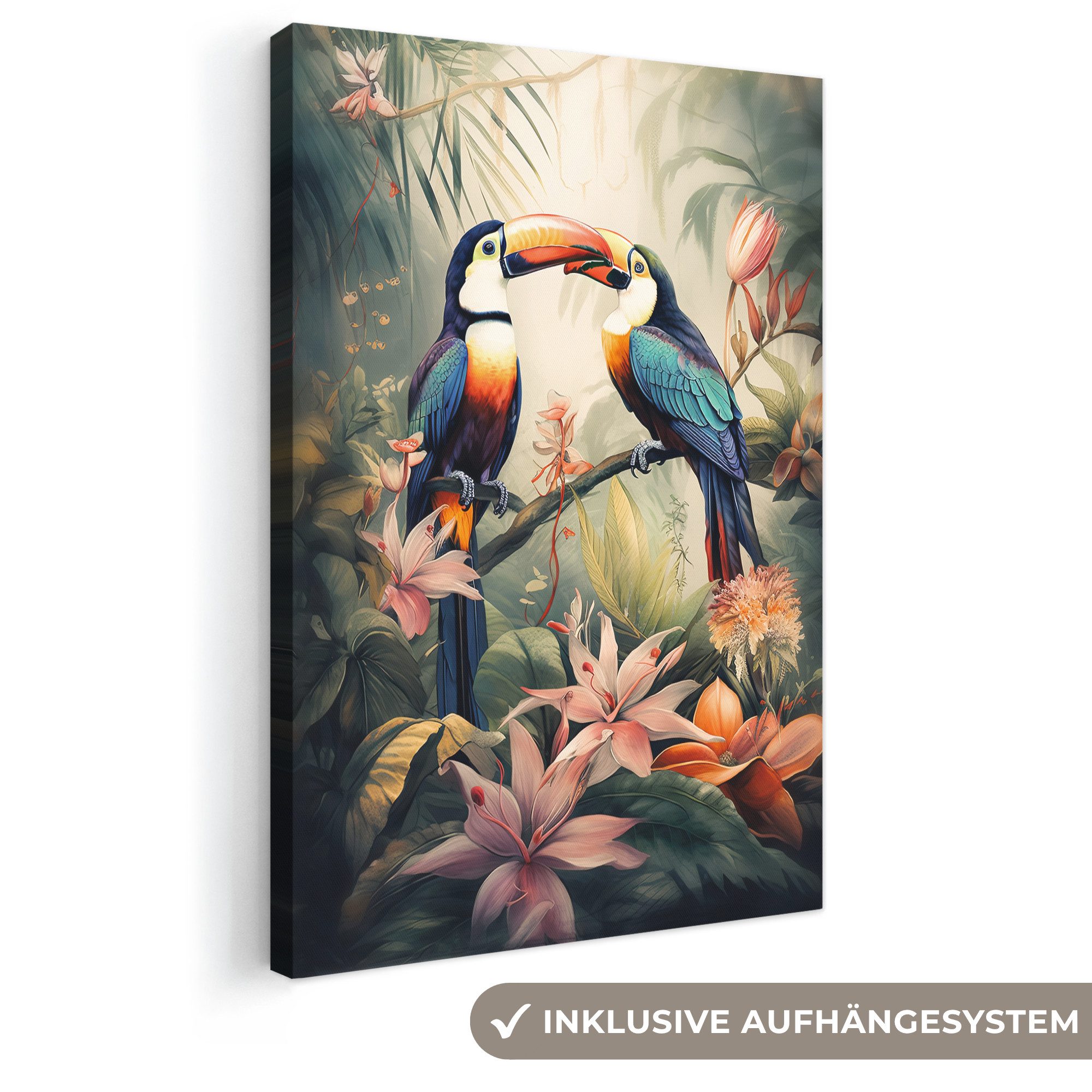 OneMillionCanvasses® Leinwandbild Tukan - Vögel - Blumen - Natur - Dschungel, Fotodruck (1 St), Leinwand Canvas Wandbild, Wanddekoration 20x30 cm