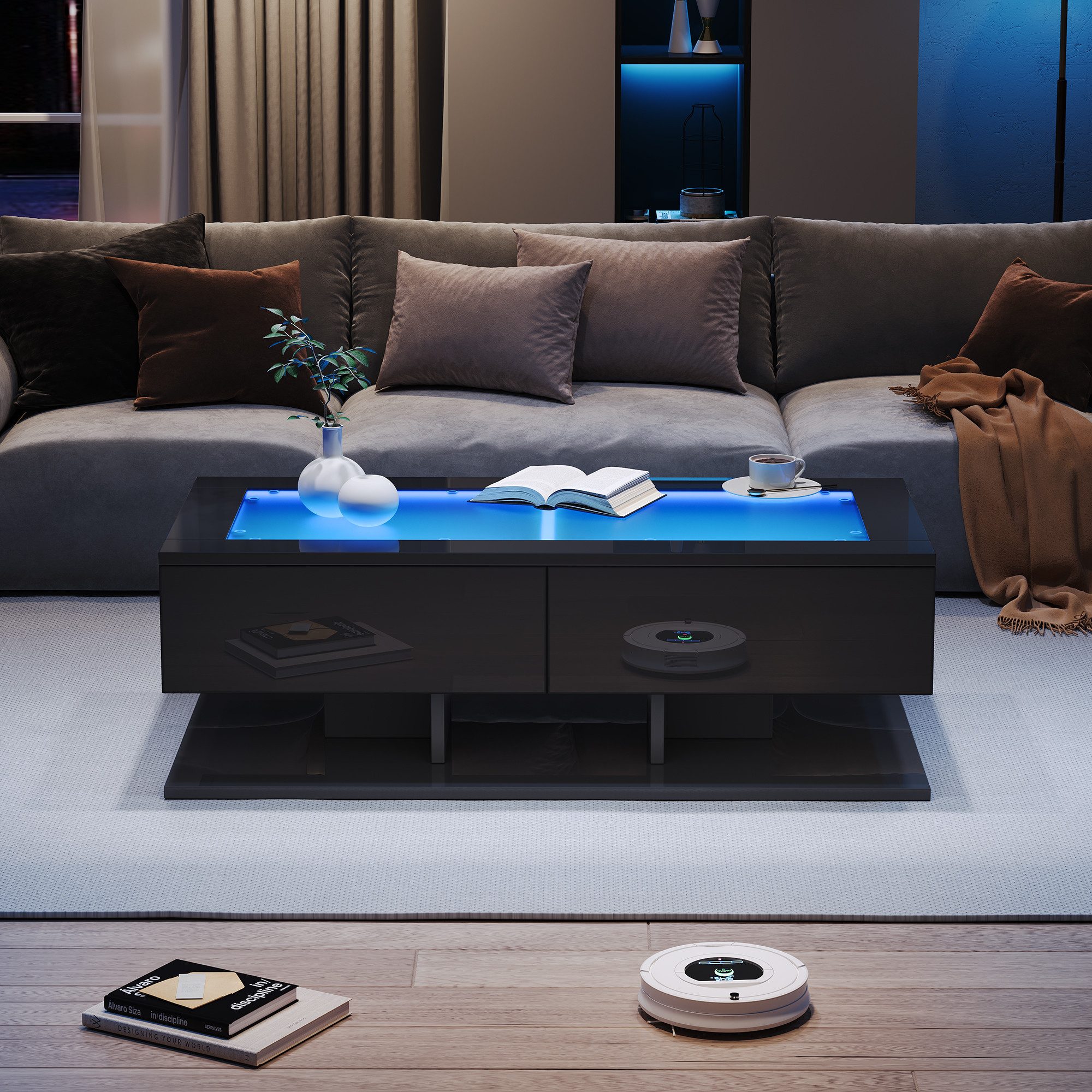 REDOM Couchtisch Hochglanz Beistelltisch mit Glasplatte (Wohnzimmertisch, Satztisch, 1-St., 2 Schubladen, 100*50*35cm), mit LED-Licht
