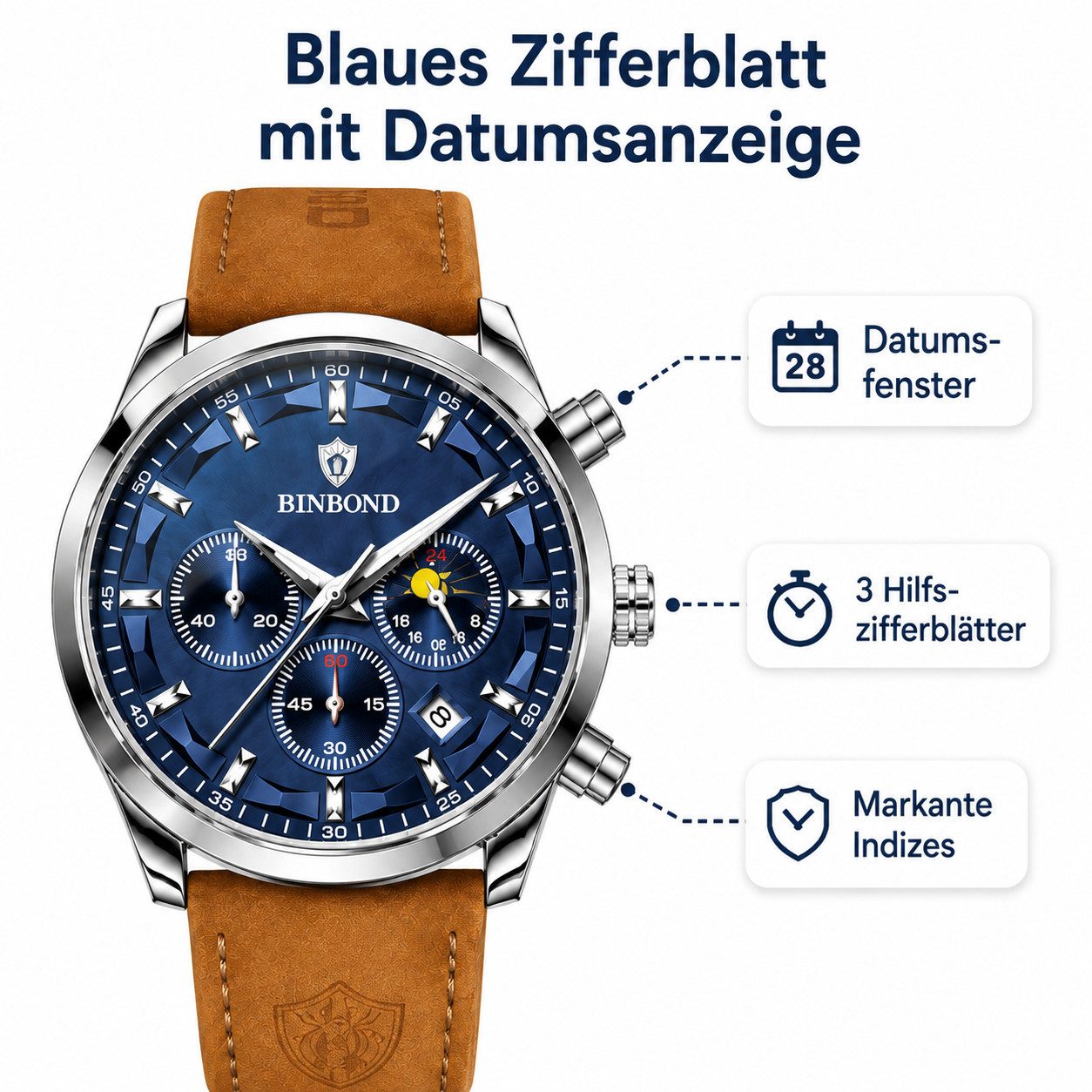 ibettertec Quarzuhr Herren Armbanduhr 42 mm, analoge Quarzuhr mit blauem Zifferblatt, (Multifunktionsuhr Armbanduhr, Chronograph Herrenuhr), Datumsanzeige, Spaltlederarmband, 3 ATM