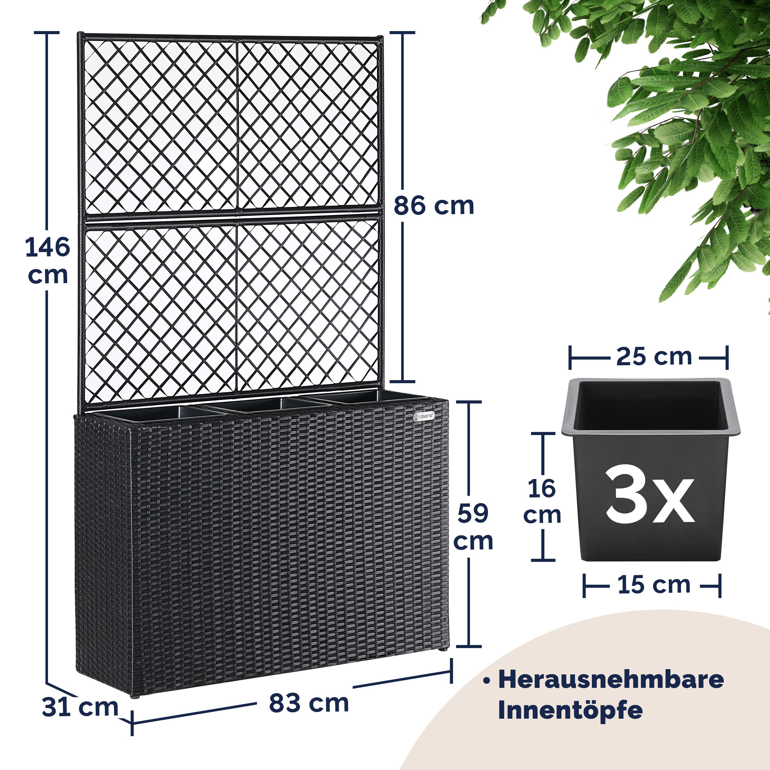 Casaria Blumenkasten, 3 Innentöpfe Rankgitter Polyrattangeflecht Rankhilfe