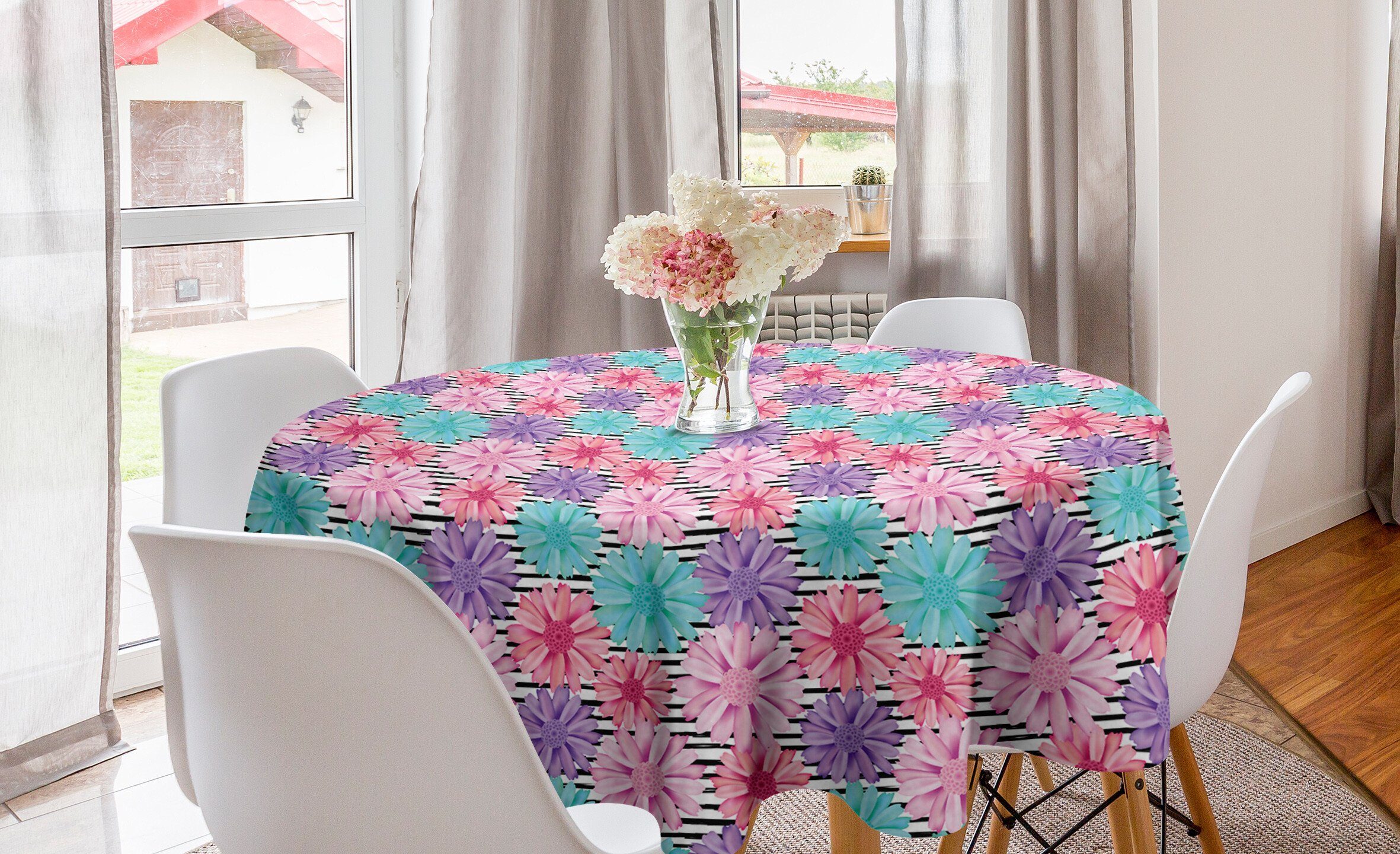 Abakuhaus Tischdecke Kreis Tischdecke Abdeckung für Esszimmer Küche Dekoration, Dahlie Bunte Blüten über Stripes