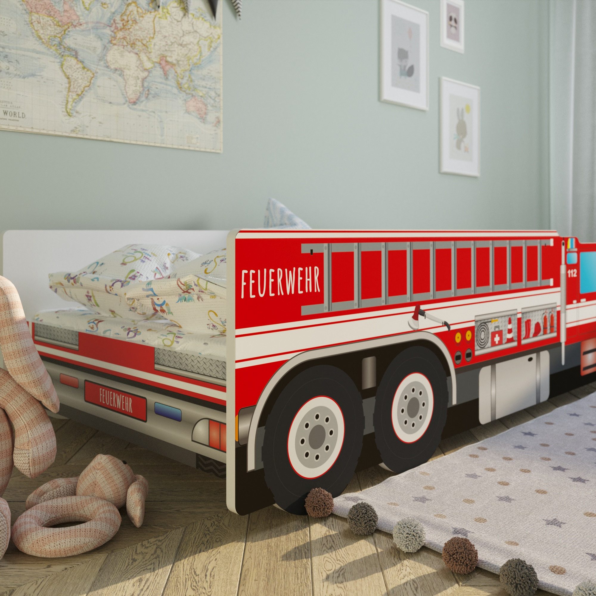 Kids Collective Car Bed, Children's Bed, Youth Bed 70x140, 80x160 cm with Fall Protection, Fire Engine, Fireman, Children's Play Bed 70x140 cm