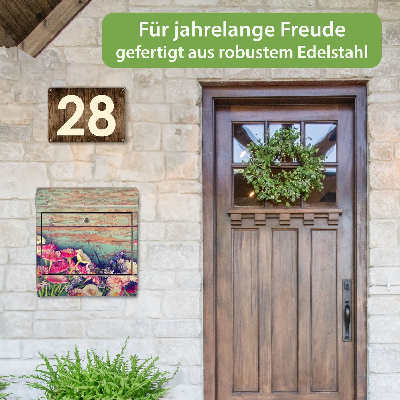 banjado Wandbriefkasten Edelstahl mit Motiv Blumenpfücken (Wandbriefkasten groß, mit Zeitungsfach), 38 x 42,5 x12 cm