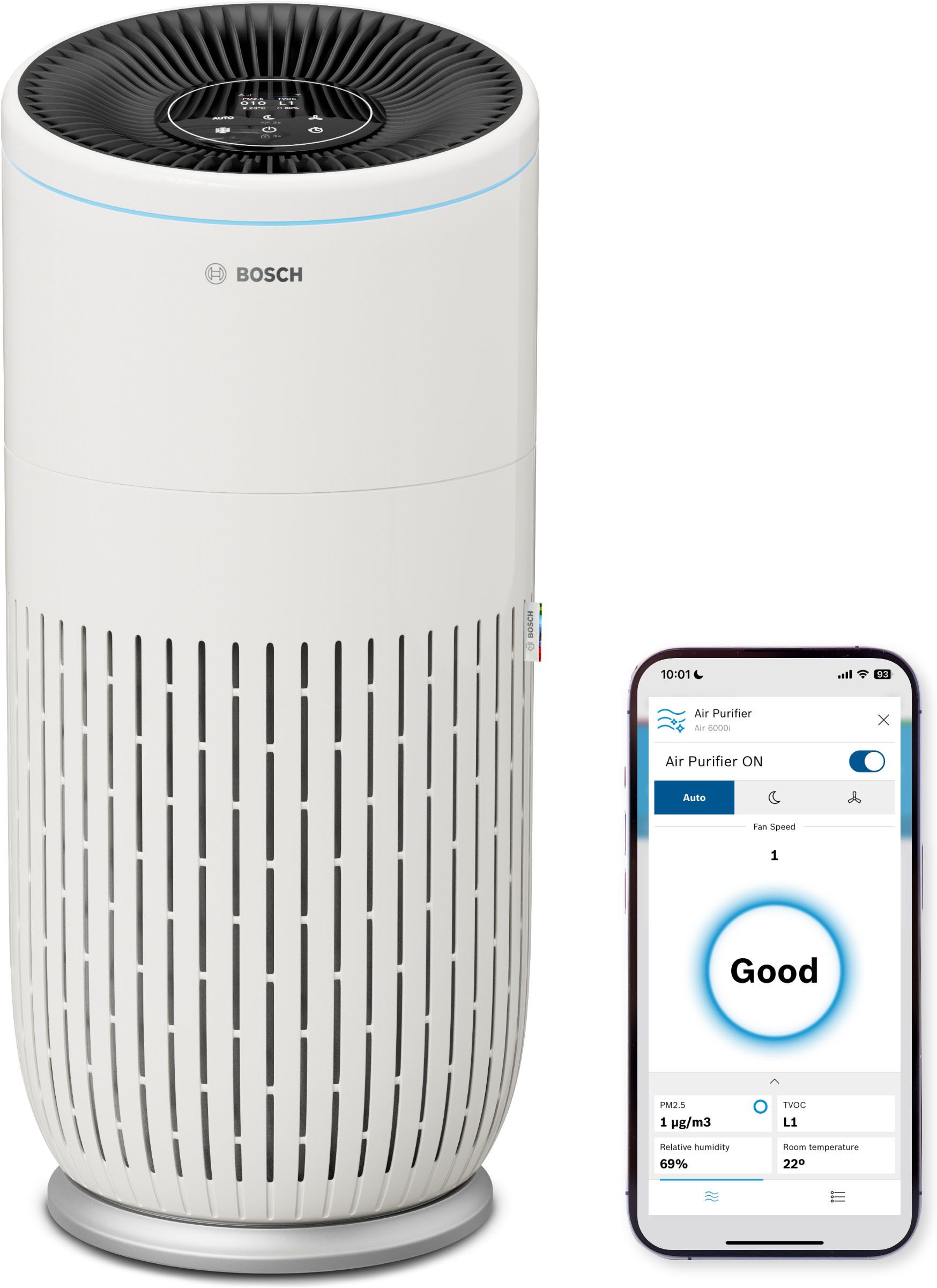 BOSCH Luftreiniger Air 6000i, leistungsstark und mit App-Steuerung, für 125 m² Räume, mit 4-in-1 Luftfilter und Temperatur- und Luftfeuchtigkeits-Sensor