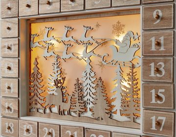 BRUBAKER befüllbarer Adventskalender Holz Weihnachtskalender zum Befüllen mit LED-Beleuchtung - 35,5 cm (1-tlg), Kalender Weihnachten - Fliegender Weihnachtsmann