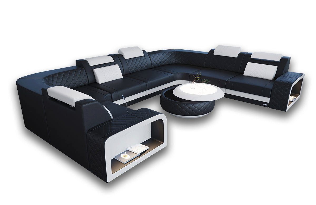 Sofa Dreams Wohnlandschaft USB Polster Grau-Schwarz Couch LED, Anschluss Sofa Stauraum, Foggia H12 mit Schwarz Stoffsofa, Form U Stoff